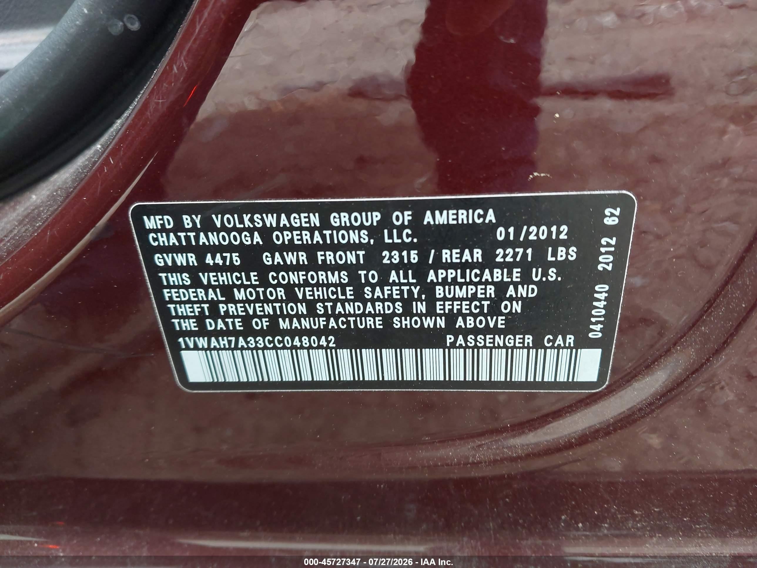 2012 Volkswagen Passat 2.5l S Red vin: 1VWAH7A33CC048042