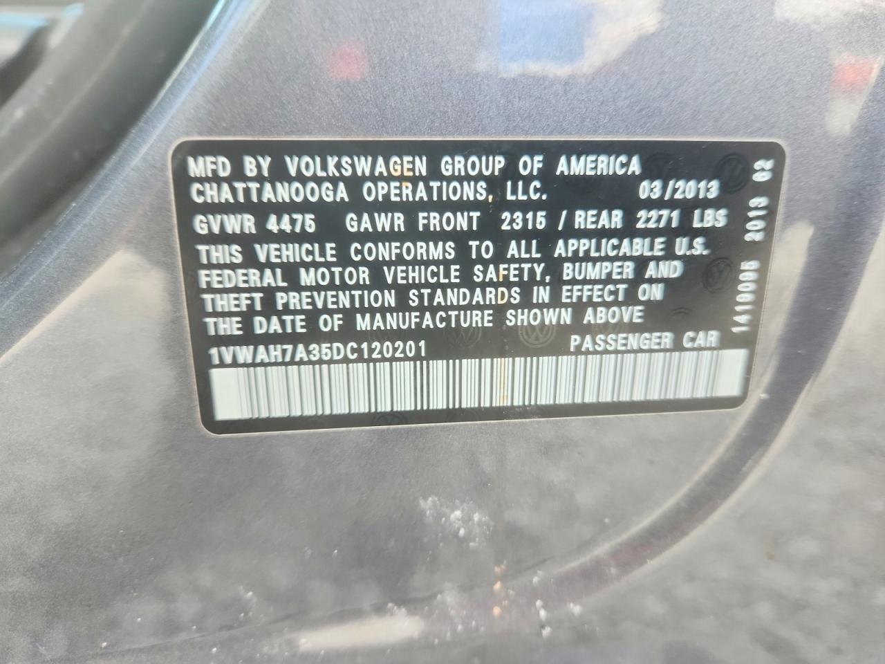 2013 Volkswagen Passat S Gray vin: 1VWAH7A35DC120201