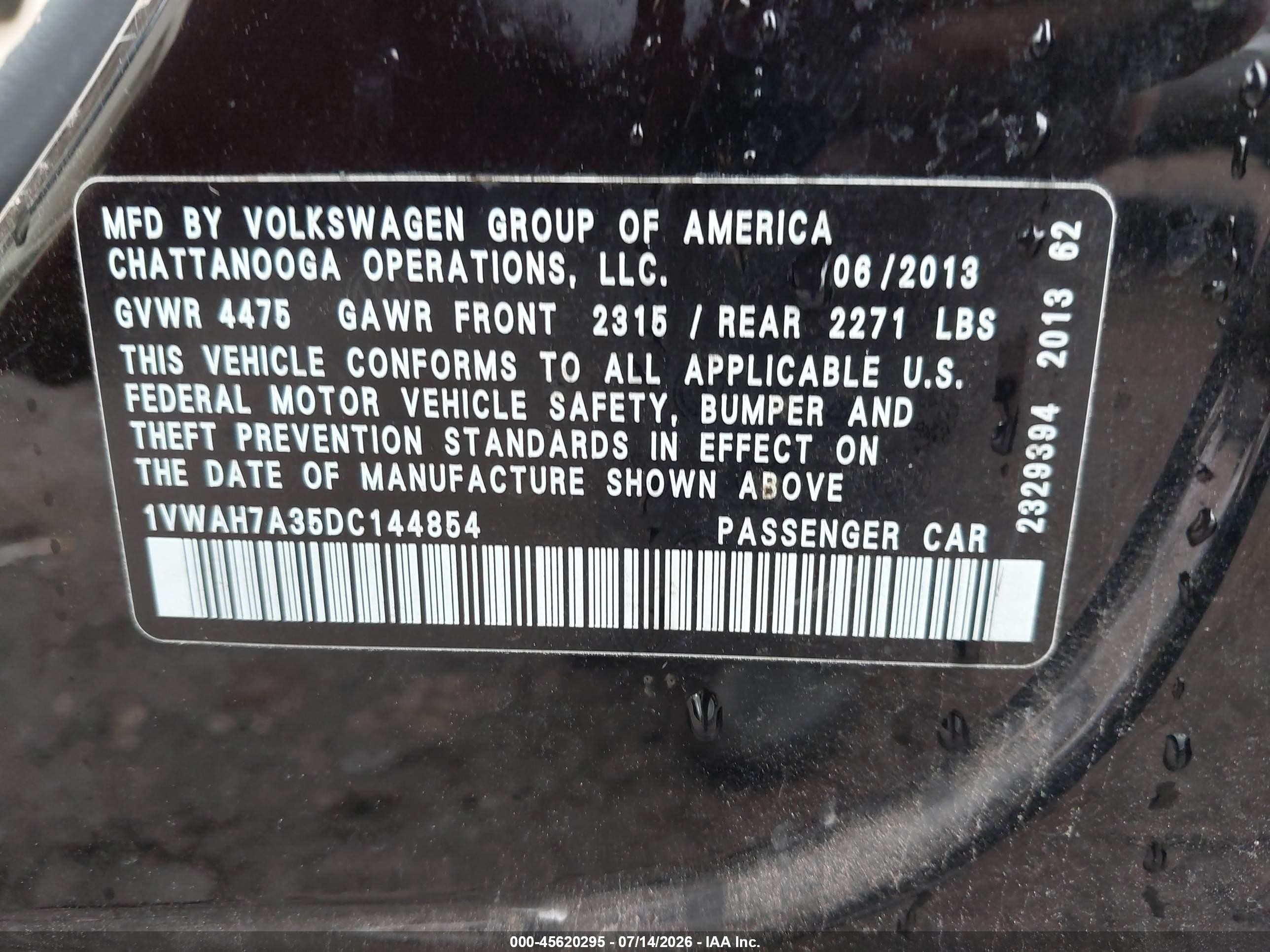 2013 Volkswagen Passat 2.5l Wolfsburg Edition Black vin: 1VWAH7A35DC144854