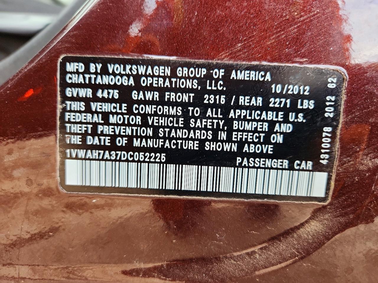 2013 Volkswagen Passat S Burgundy vin: 1VWAH7A37DC052225