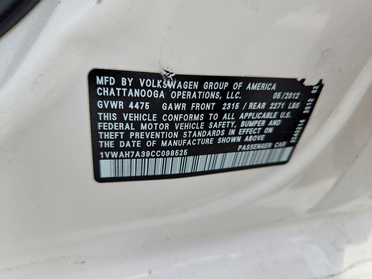 2012 Volkswagen Passat S White vin: 1VWAH7A39CC098525