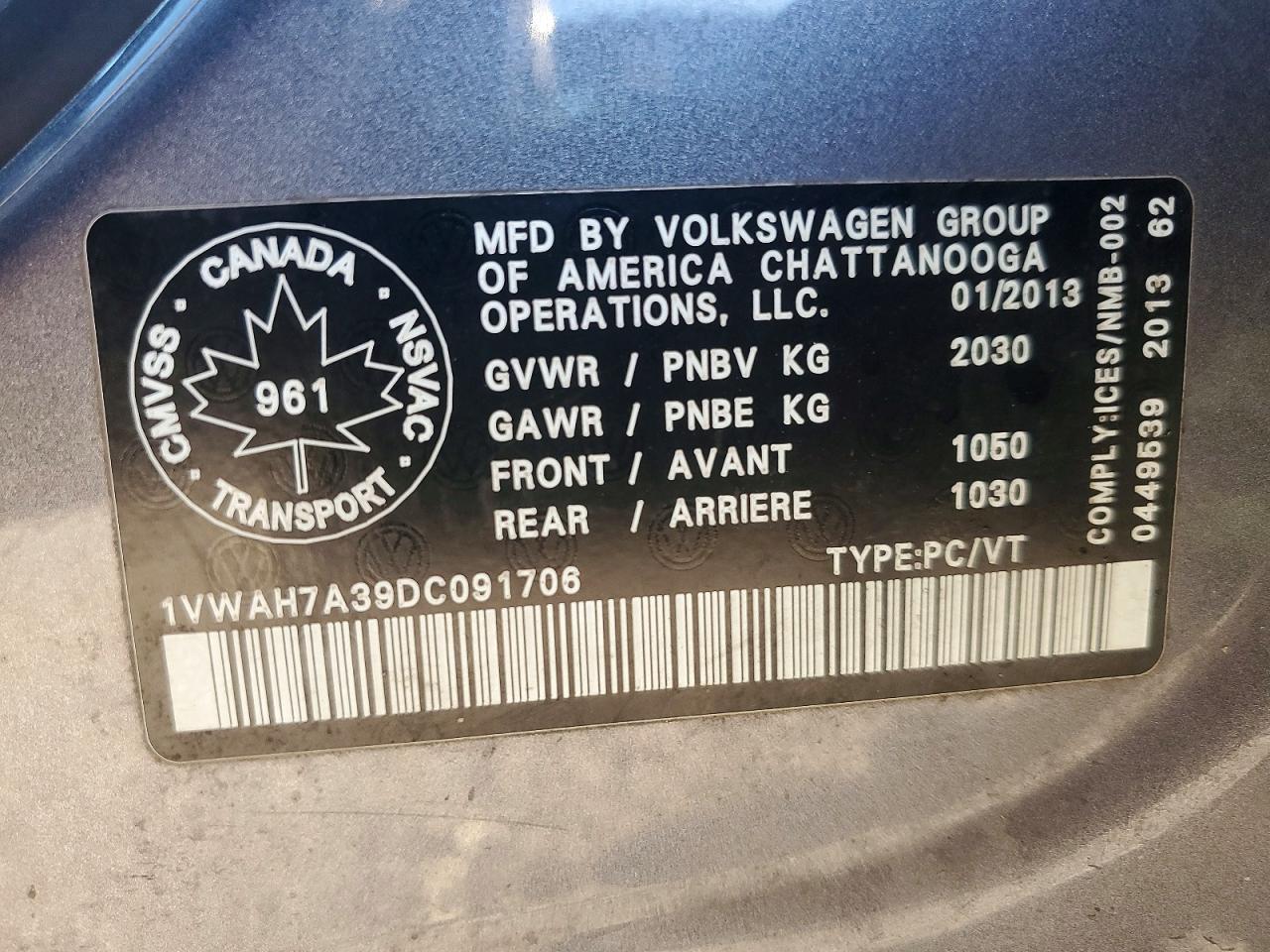 2013 Volkswagen Passat S Gray vin: 1VWAH7A39DC091706