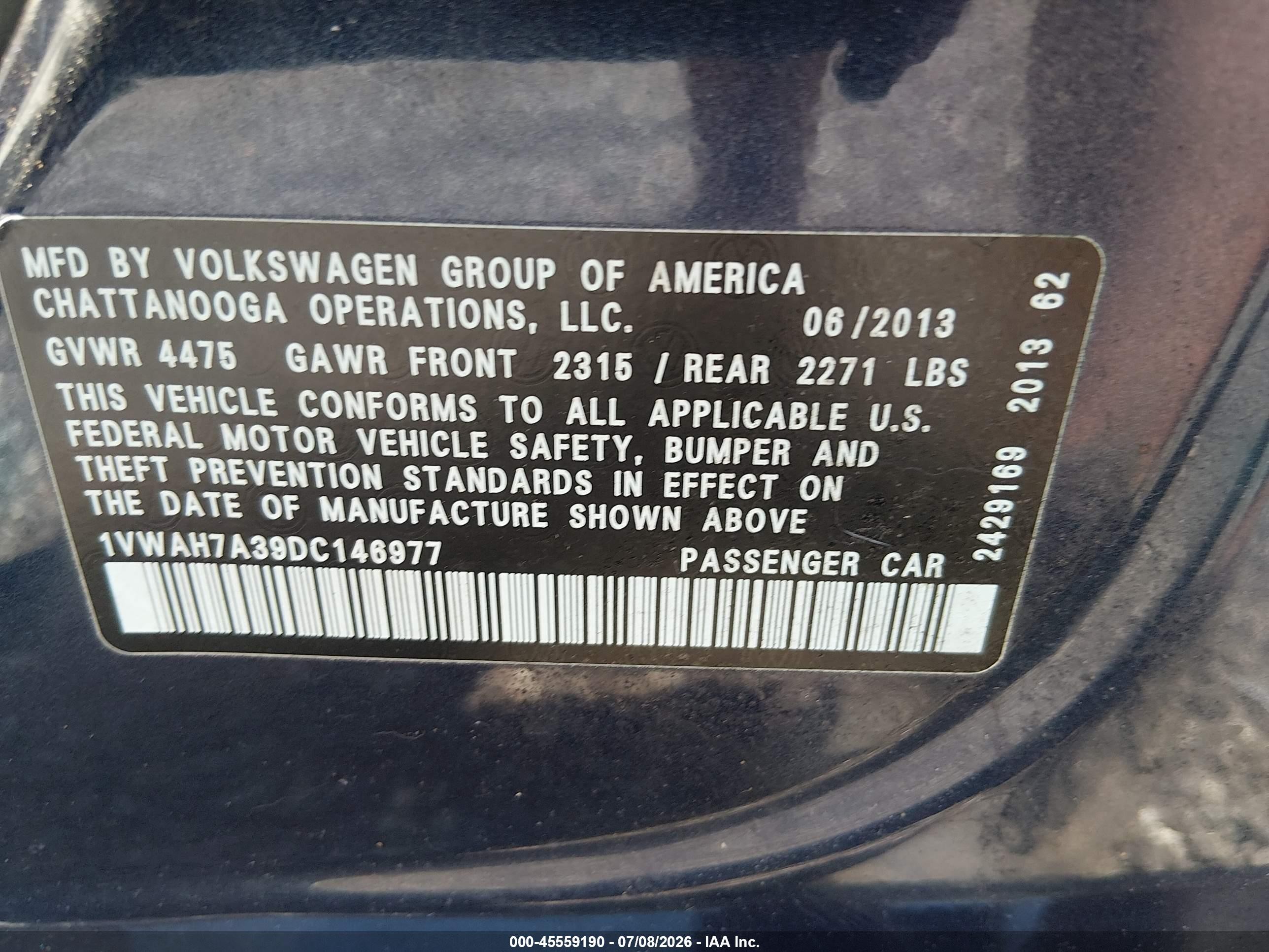 2013 Volkswagen Passat 2.5l Wolfsburg Edition Blue vin: 1VWAH7A39DC146977