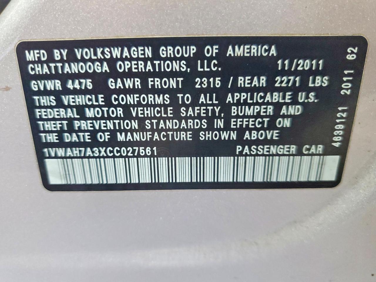 2012 Volkswagen Passat S Серебряный vin: 1VWAH7A3XCC027561