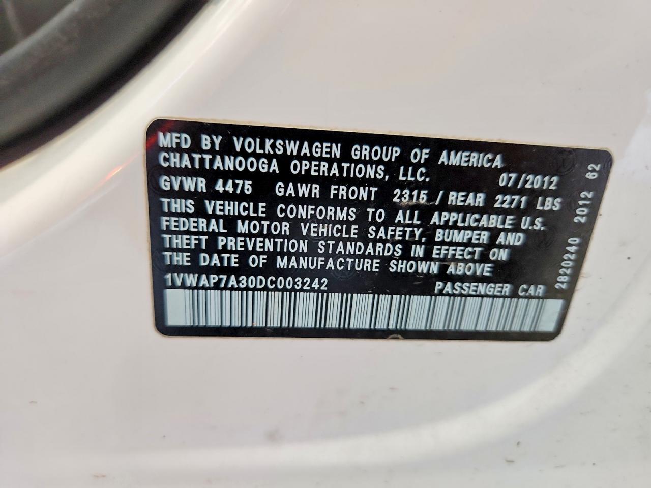 2013 Volkswagen Passat S White vin: 1VWAP7A30DC003242