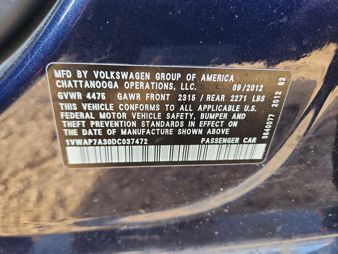 2013 Volkswagen Passat S Blue vin: 1VWAP7A30DC037472