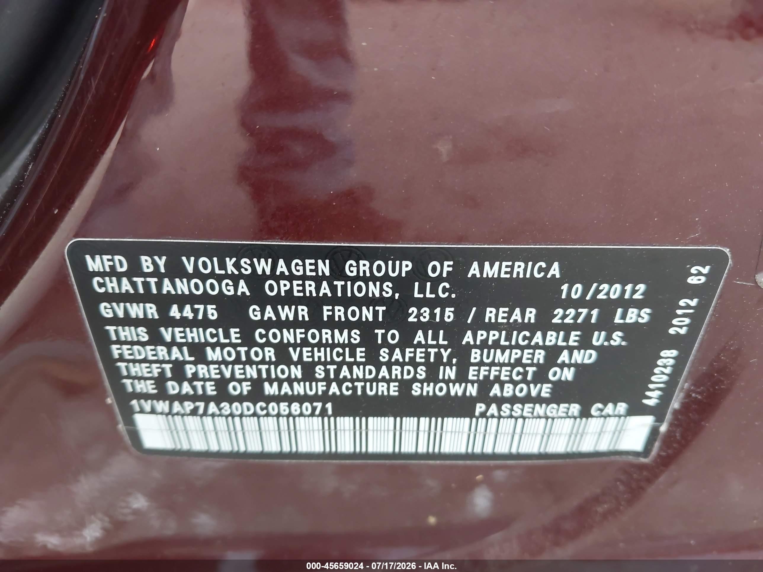 2013 Volkswagen Passat 2.5l S Burgundy vin: 1VWAP7A30DC056071