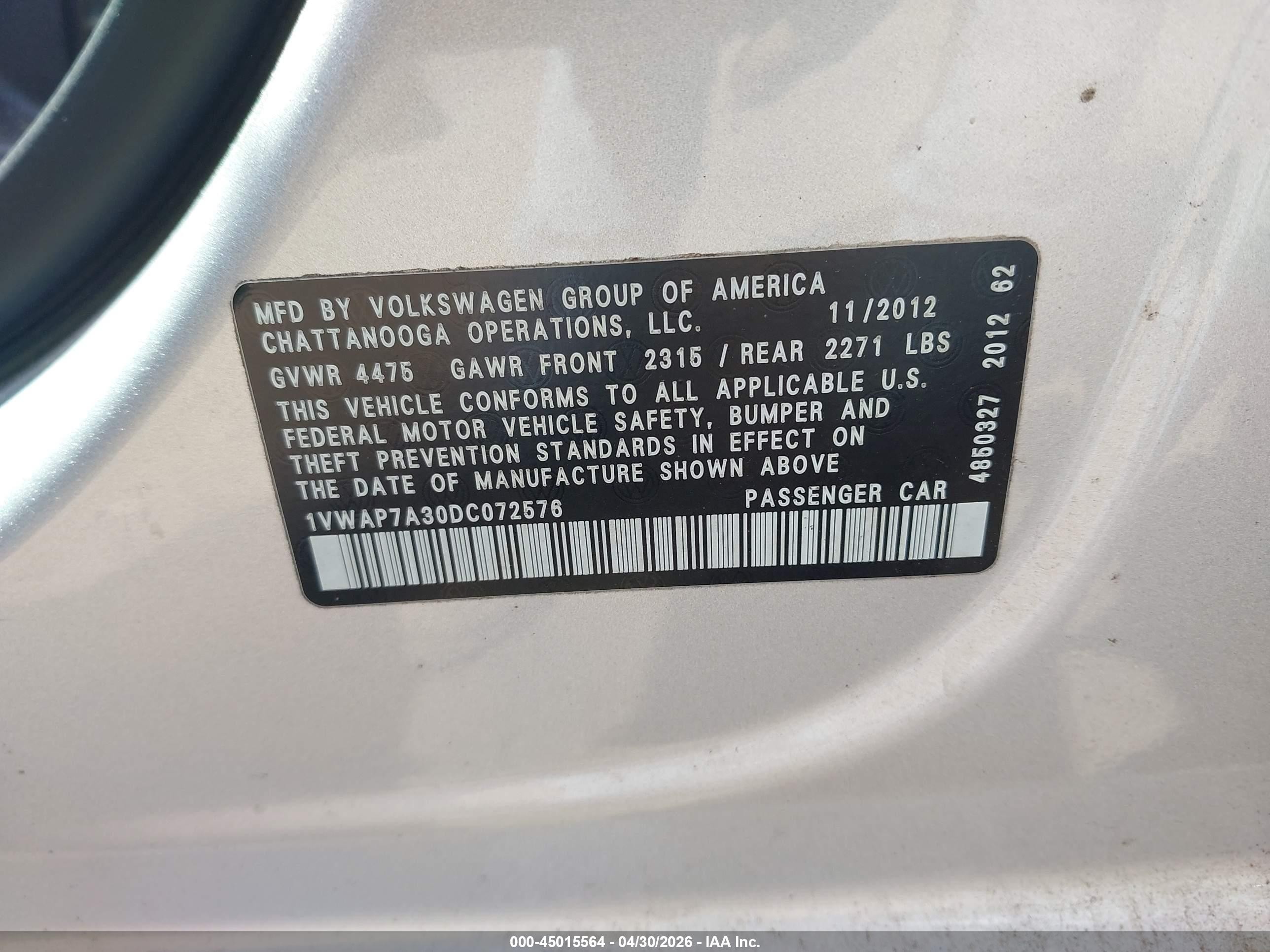 2013 Volkswagen Passat 2.5l S Silver vin: 1VWAP7A30DC072576