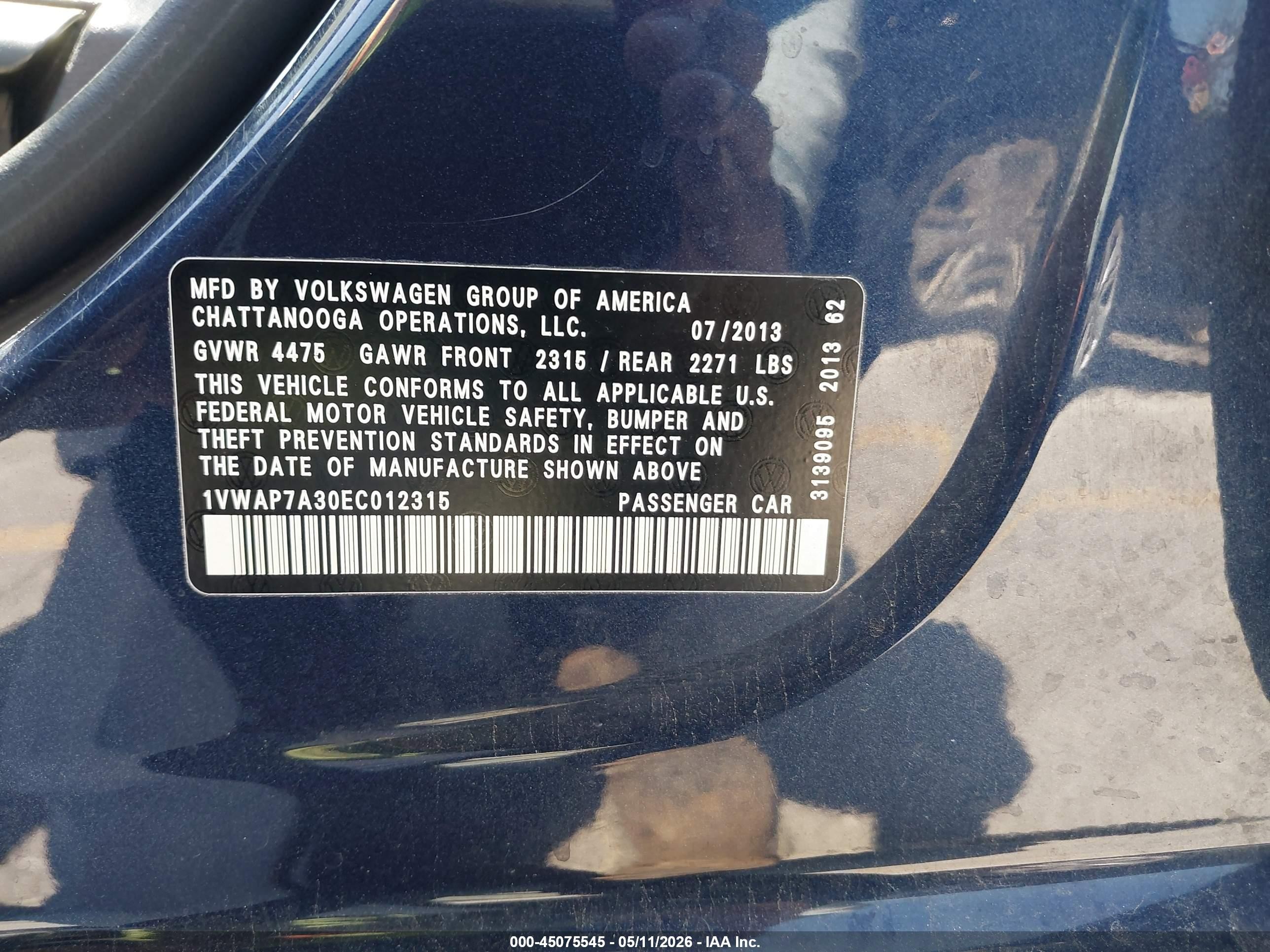 2014 Volkswagen Passat 2.5l S Dark Blue vin: 1VWAP7A30EC012315
