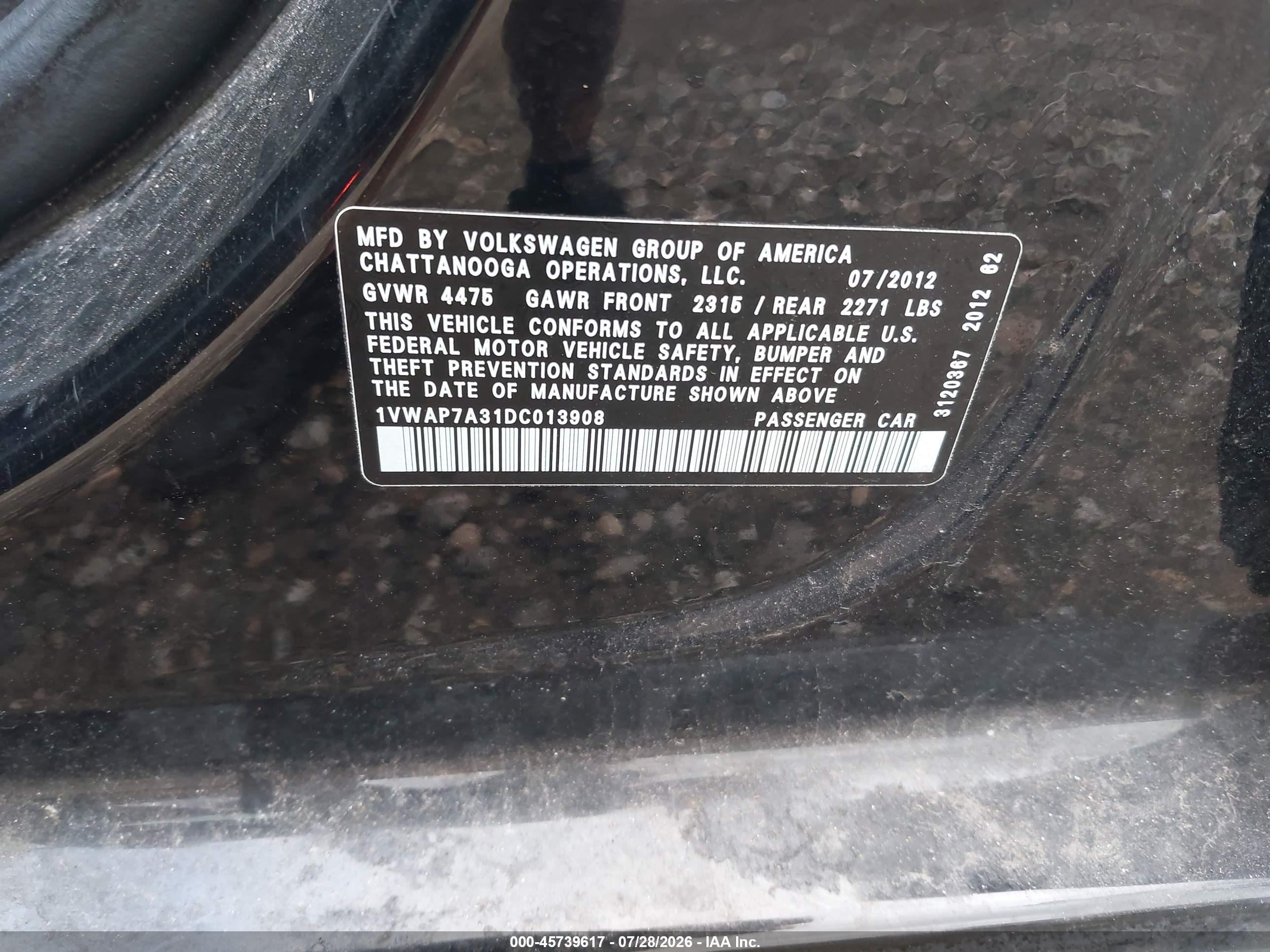 2013 Volkswagen Passat 2.5l S Black vin: 1VWAP7A31DC013908