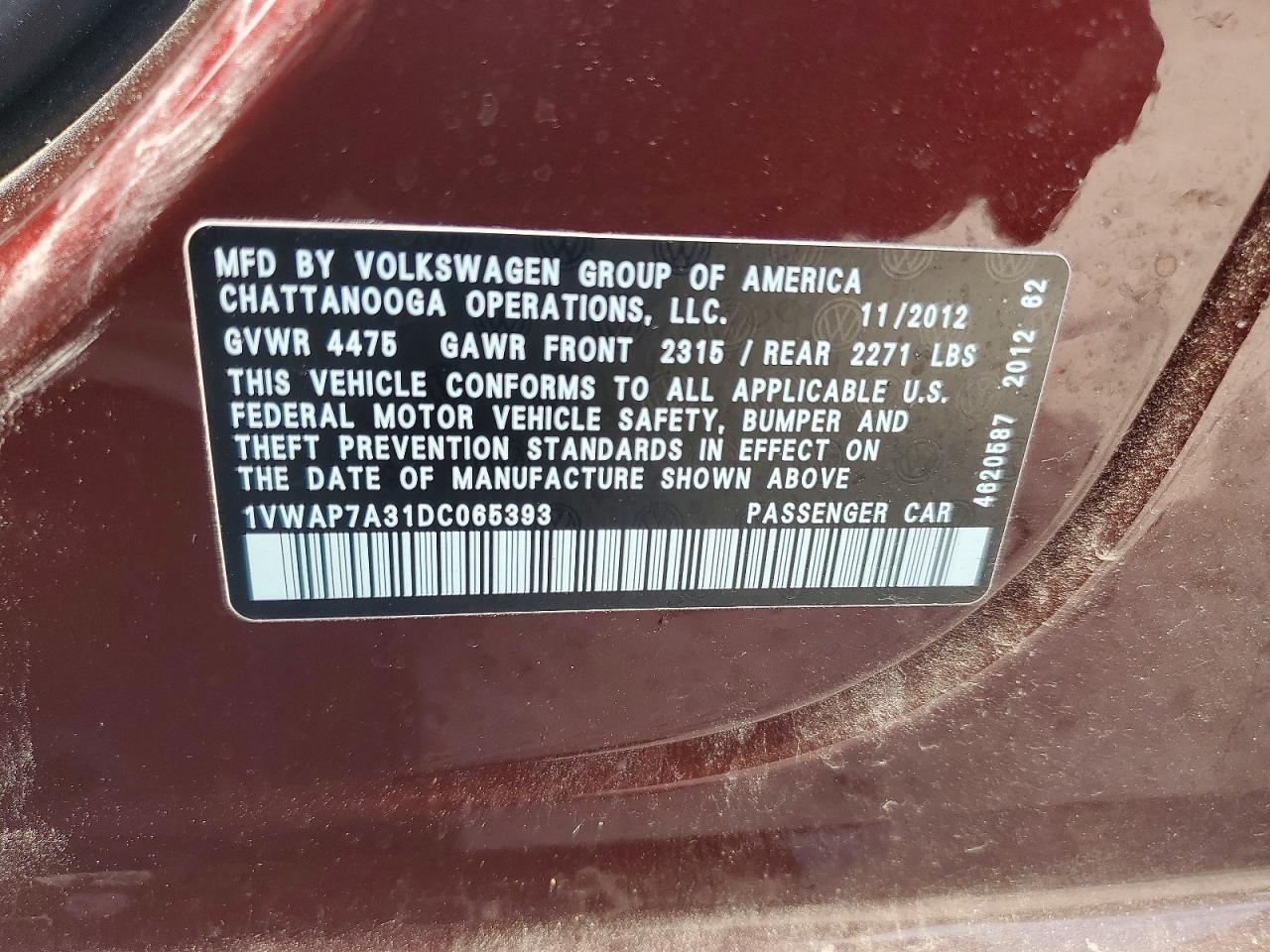 2013 Volkswagen Passat S Burgundy vin: 1VWAP7A31DC065393
