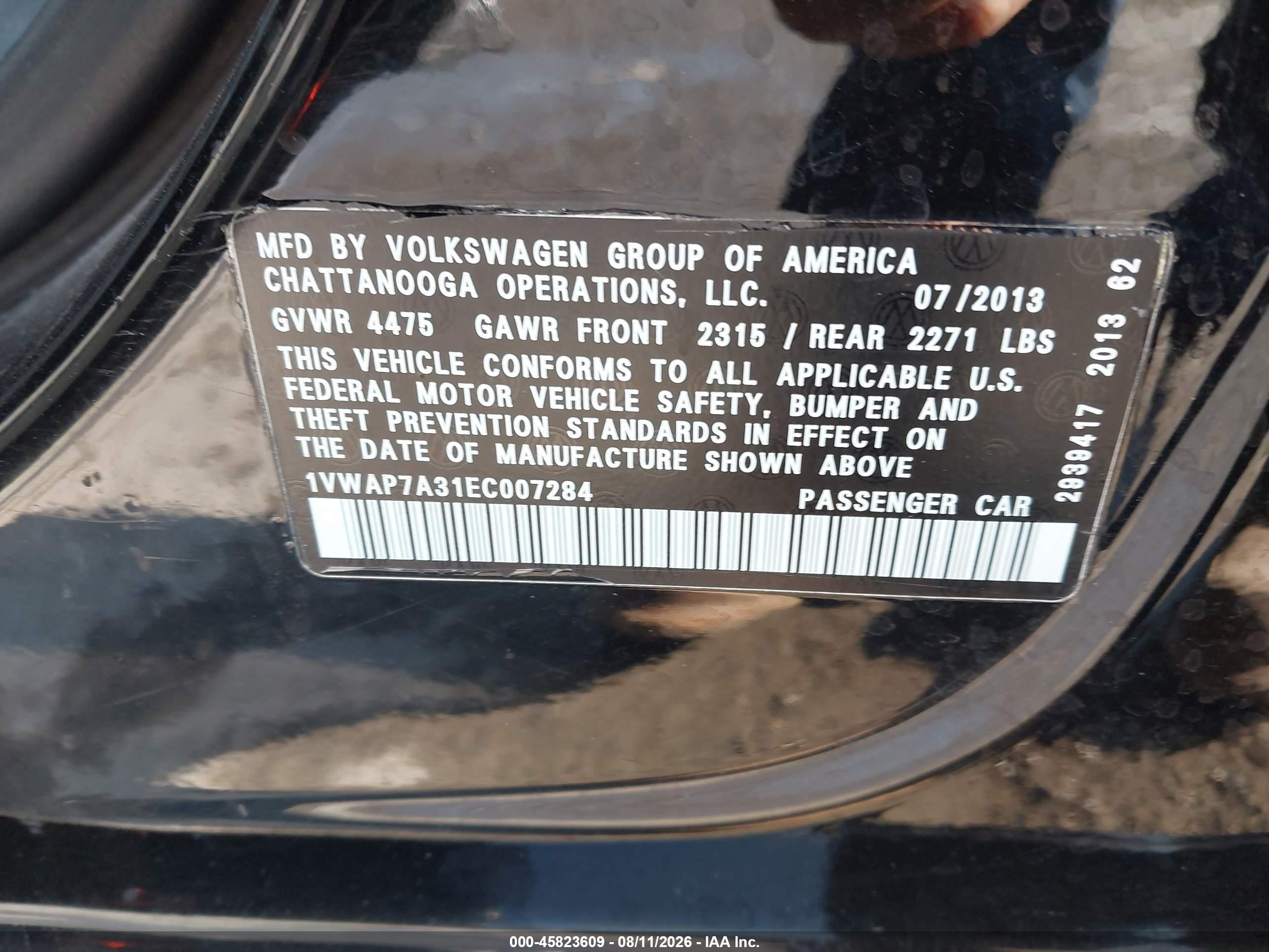 2014 Volkswagen Passat 2.5l Wolfsburg Edition Black vin: 1VWAP7A31EC007284