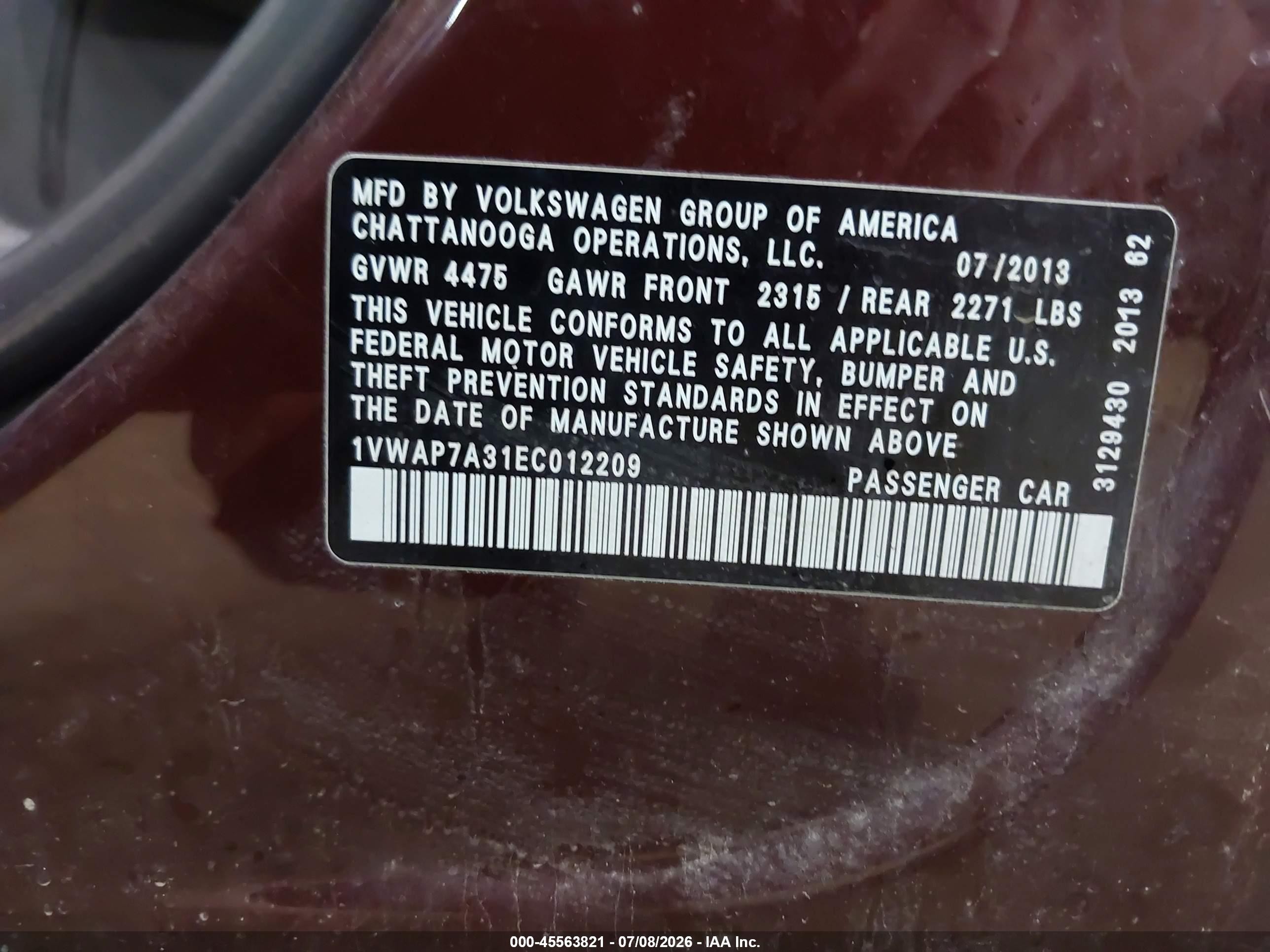 2014 Volkswagen Passat 2.5l S Purple vin: 1VWAP7A31EC012209