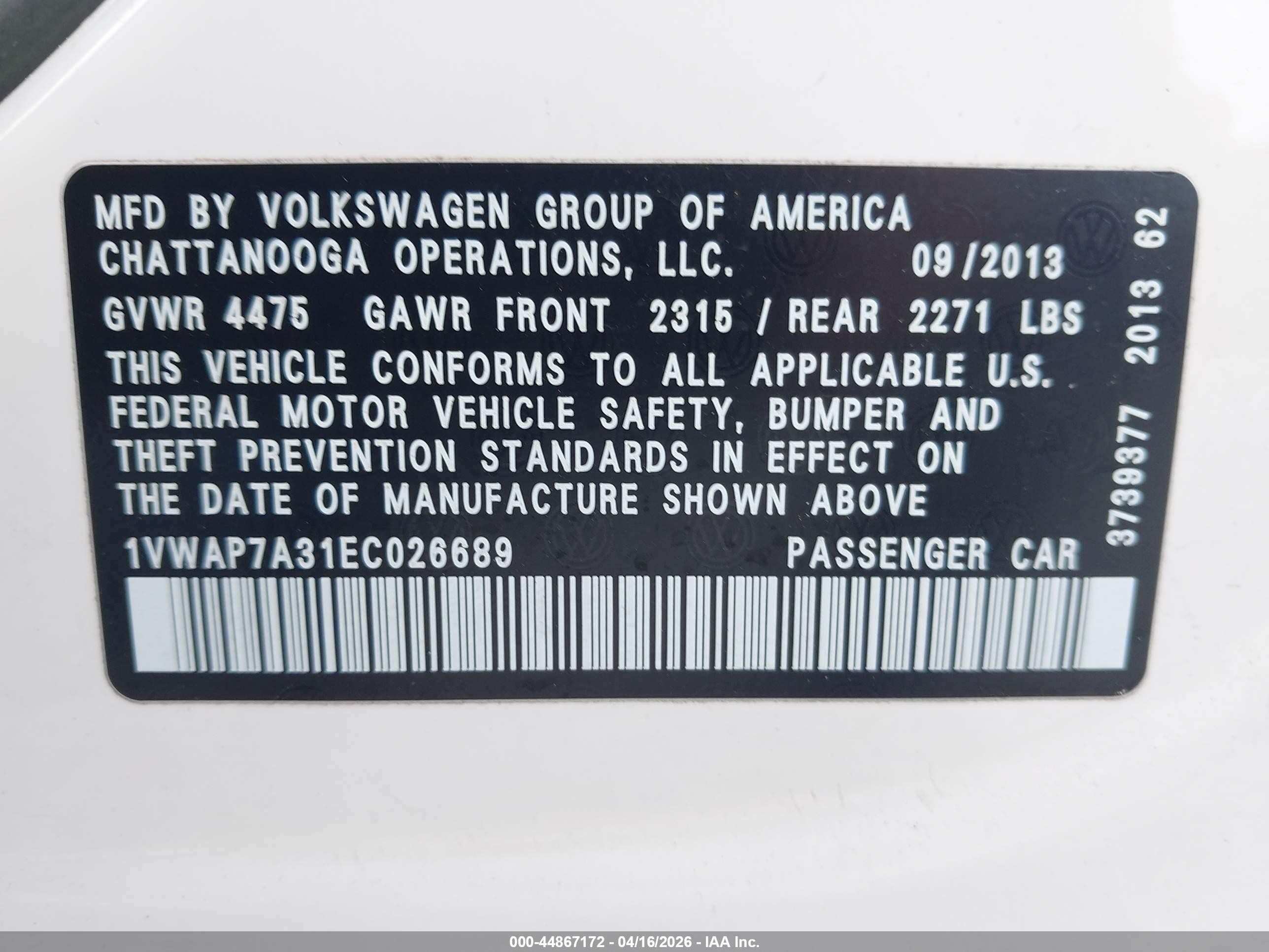 2014 Volkswagen Passat 2.5l S Белый vin: 1VWAP7A31EC026689