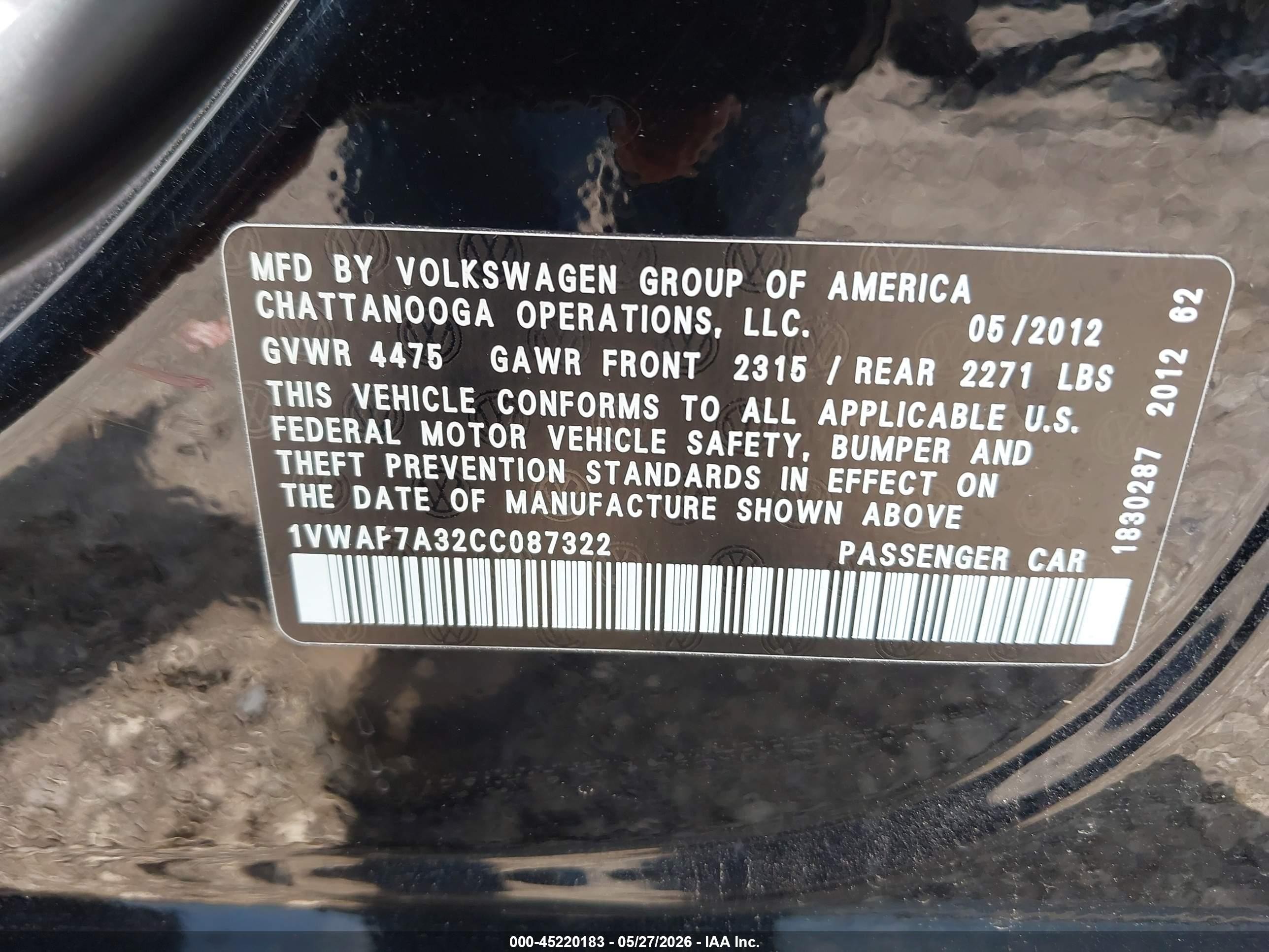 2012 Volkswagen Passat 2.5l S Black vin: 1VWAP7A32CC087322