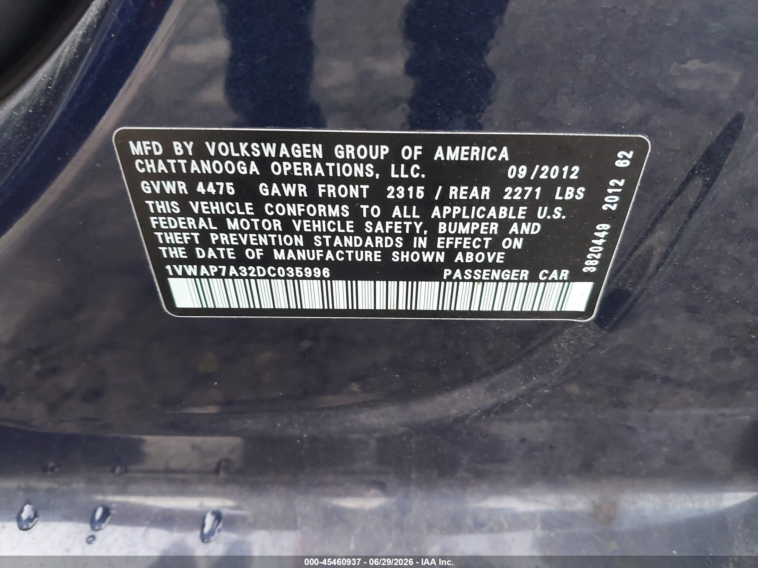 2013 Volkswagen Passat 2.5l S Dark Blue vin: 1VWAP7A32DC035996