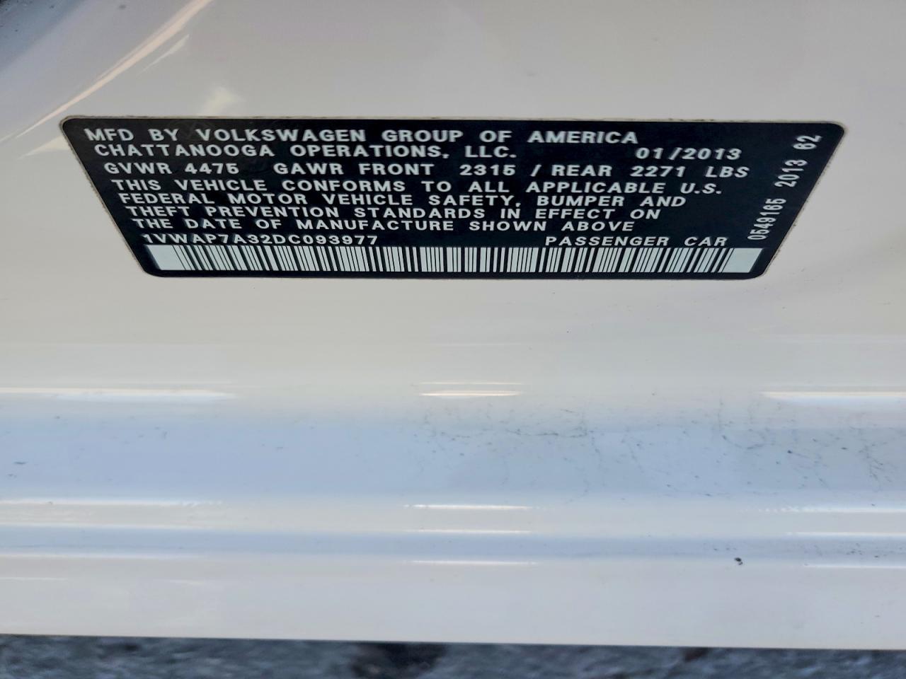 2013 Volkswagen Passat S White vin: 1VWAP7A32DC093977