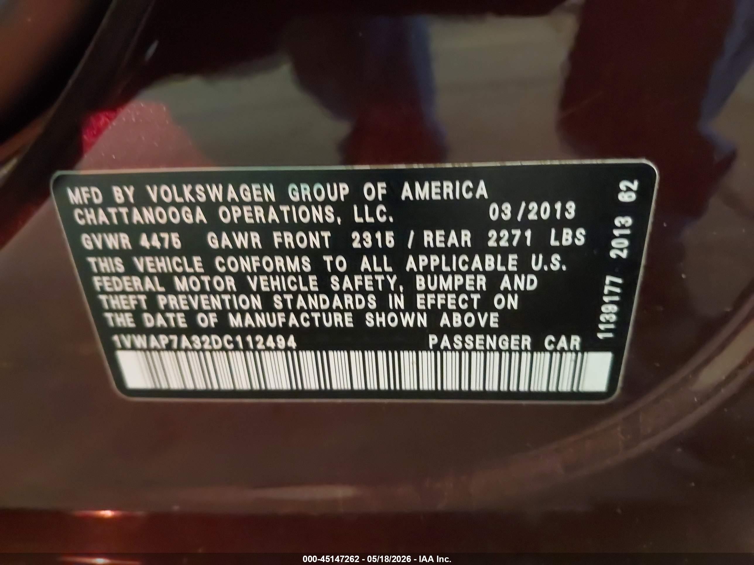 2013 Volkswagen Passat 2.5l S Burgundy vin: 1VWAP7A32DC112494