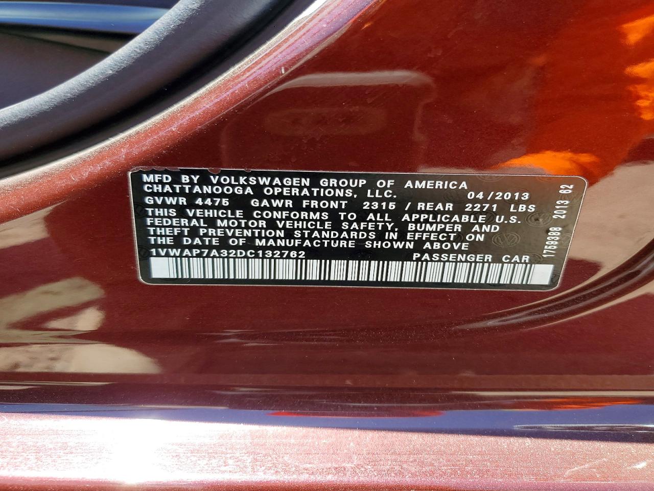 2013 Volkswagen Passat S Burgundy vin: 1VWAP7A32DC132762