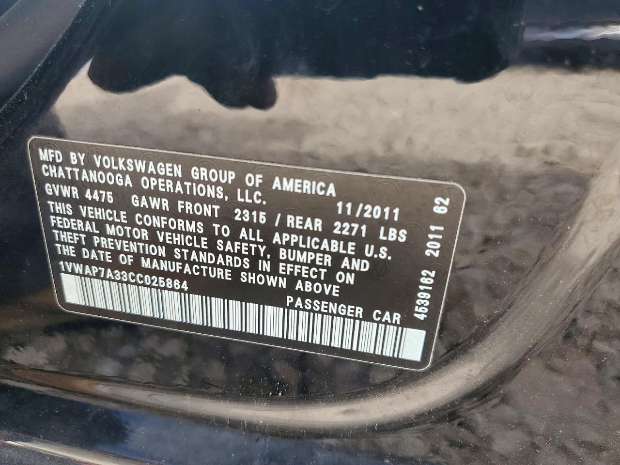 2012 Volkswagen Passat S Black vin: 1VWAP7A33CC025864