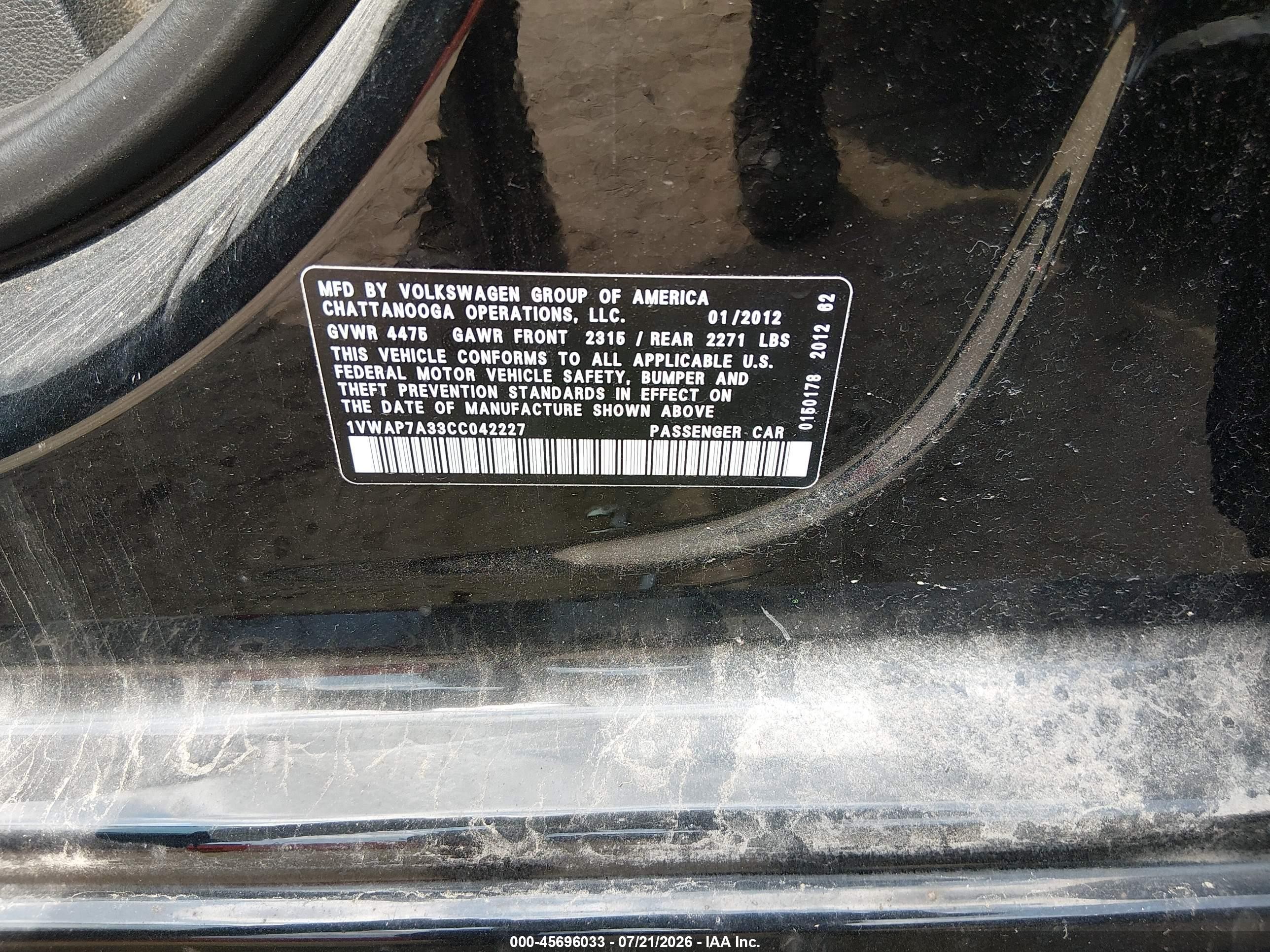 2012 Volkswagen Passat 2.5l S Black vin: 1VWAP7A33CC042227