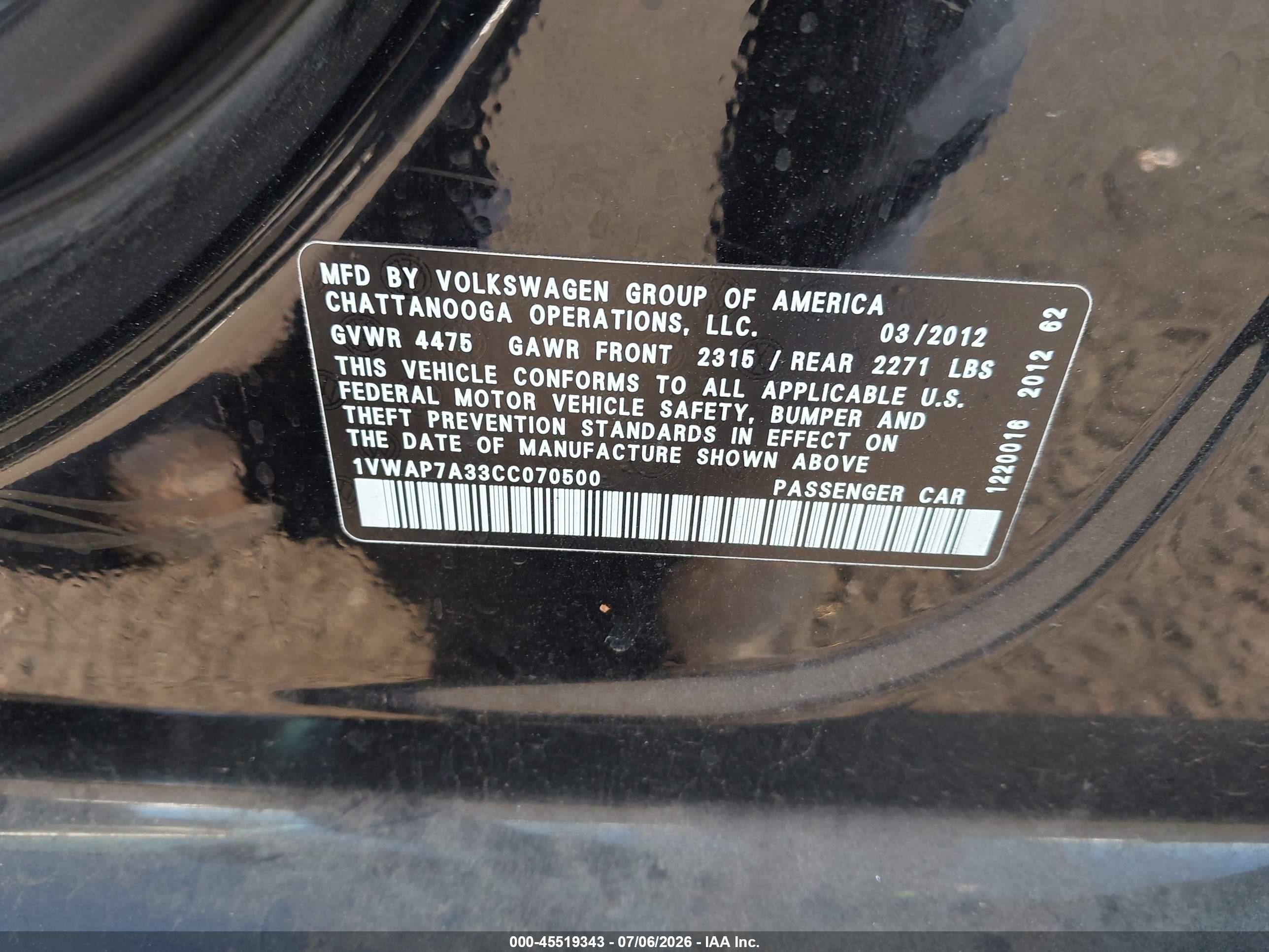 2012 Volkswagen Passat 2.5l S Black vin: 1VWAP7A33CC070500