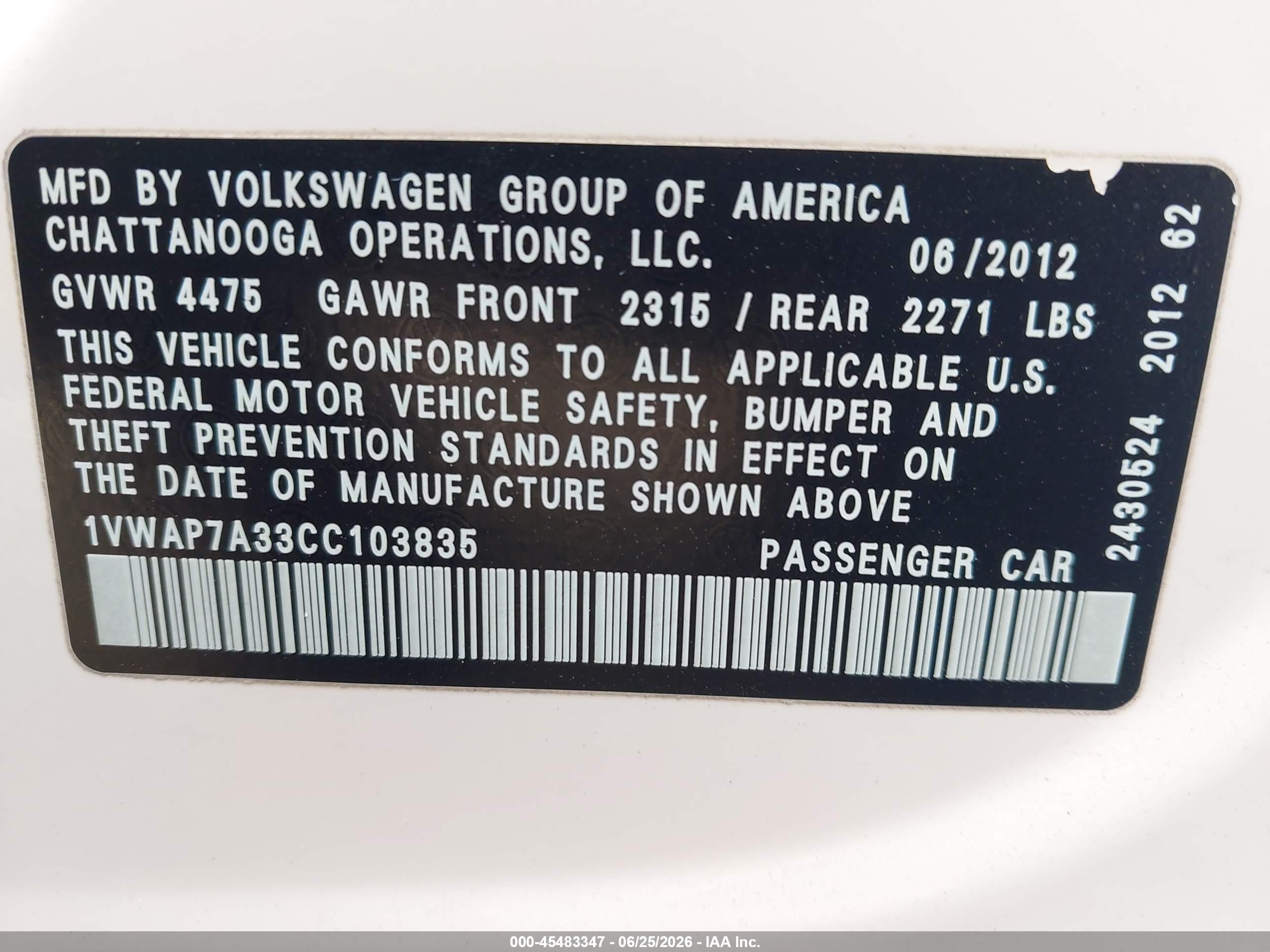 2012 Volkswagen Passat 2.5l S White vin: 1VWAP7A33CC103835