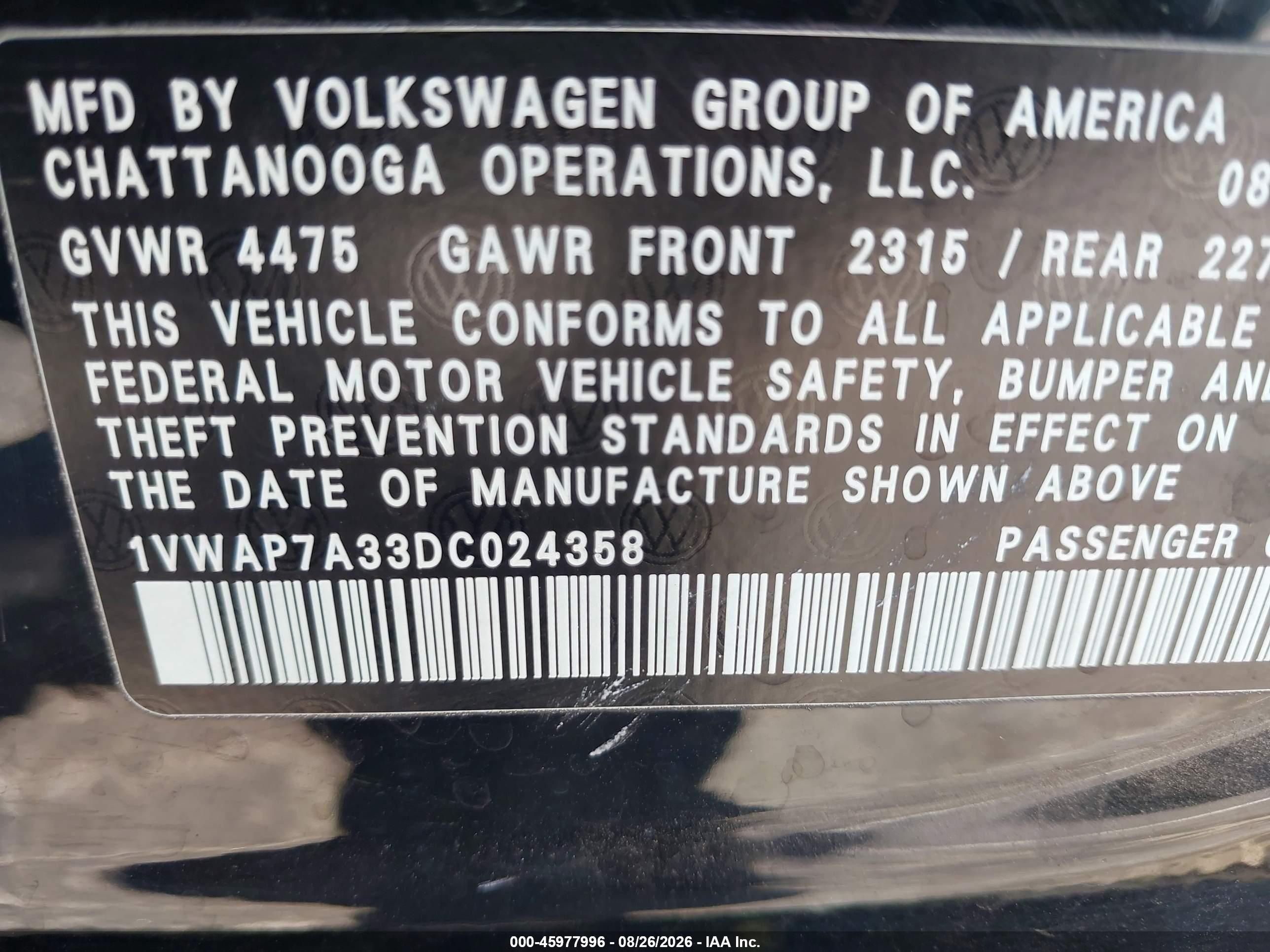 2013 Volkswagen Passat 2.5l S Черный vin: 1VWAP7A33DC024358