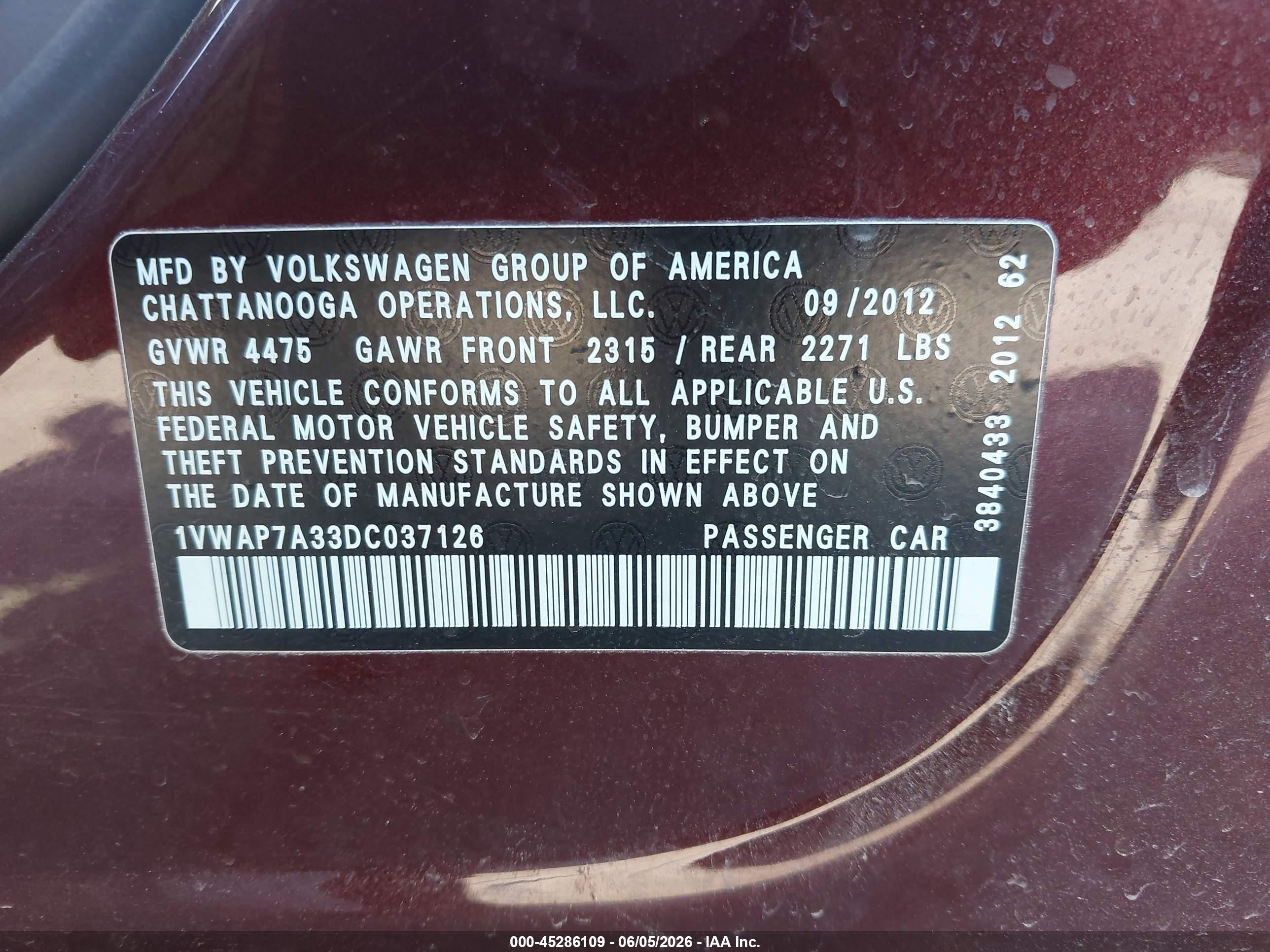 2013 Volkswagen Passat 2.5l S Темно-бордовый vin: 1VWAP7A33DC037126