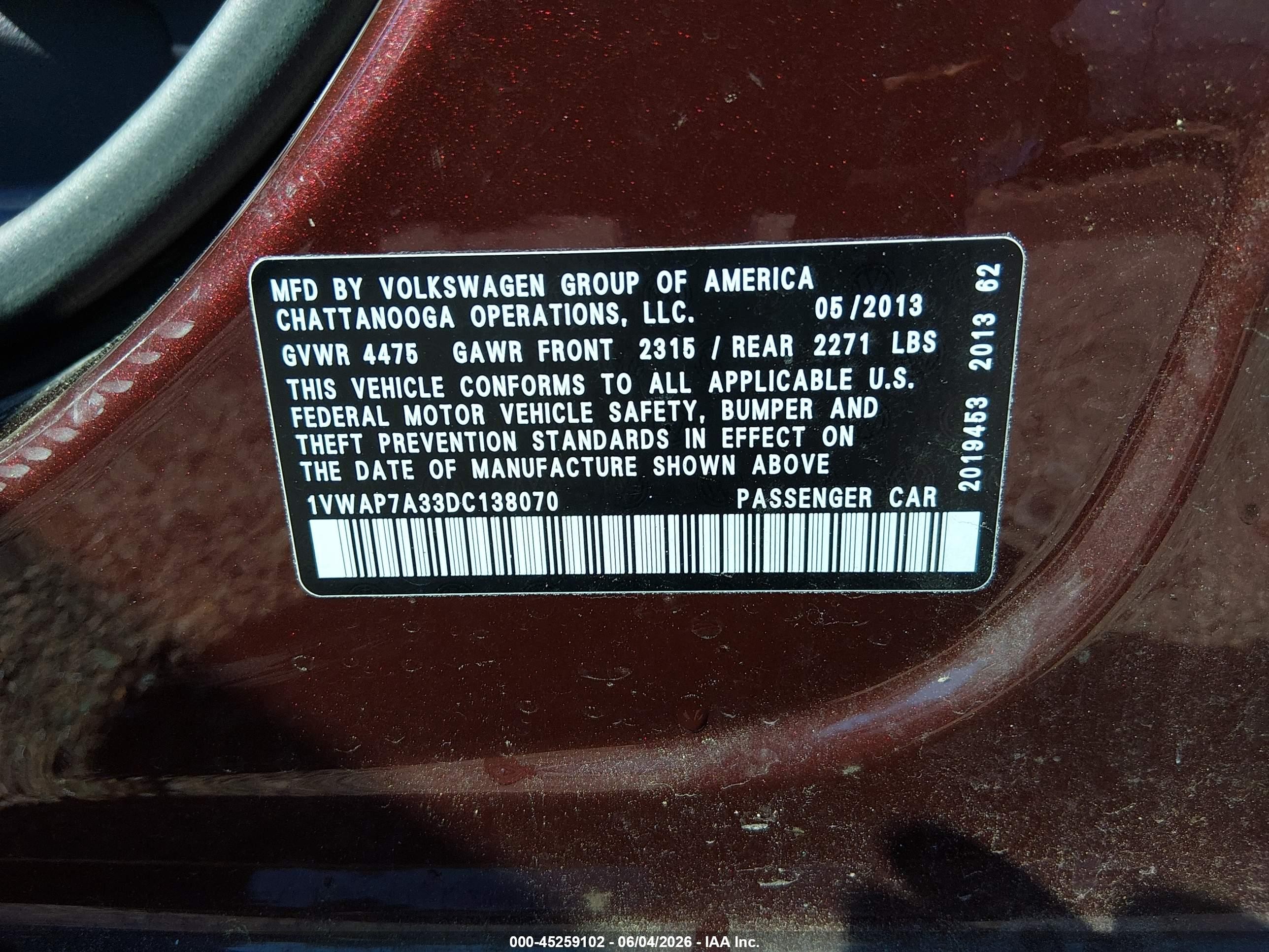 2013 Volkswagen Passat 2.5l S Бордовый vin: 1VWAP7A33DC138070