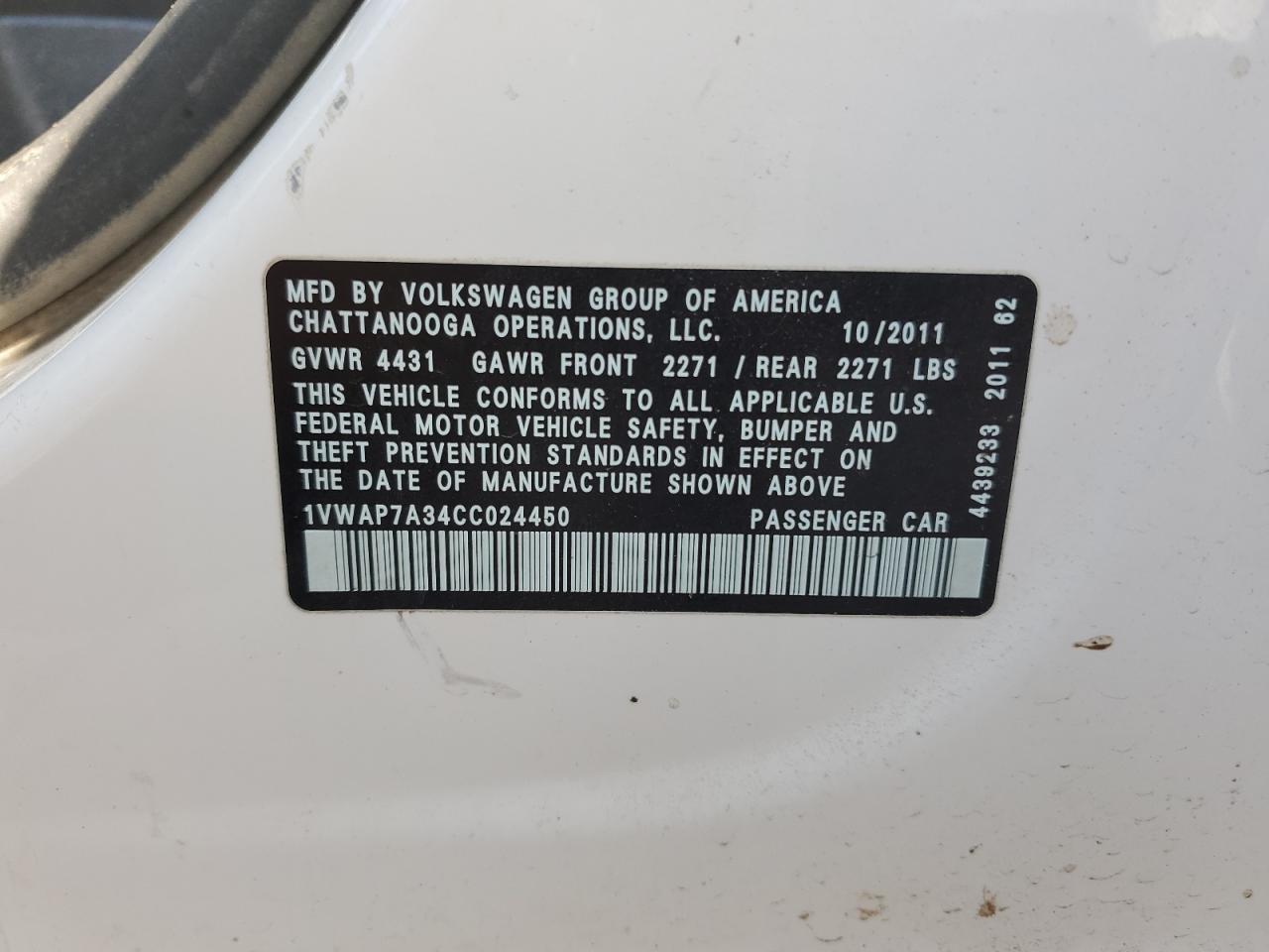 2012 Volkswagen Passat S White vin: 1VWAP7A34CC024450
