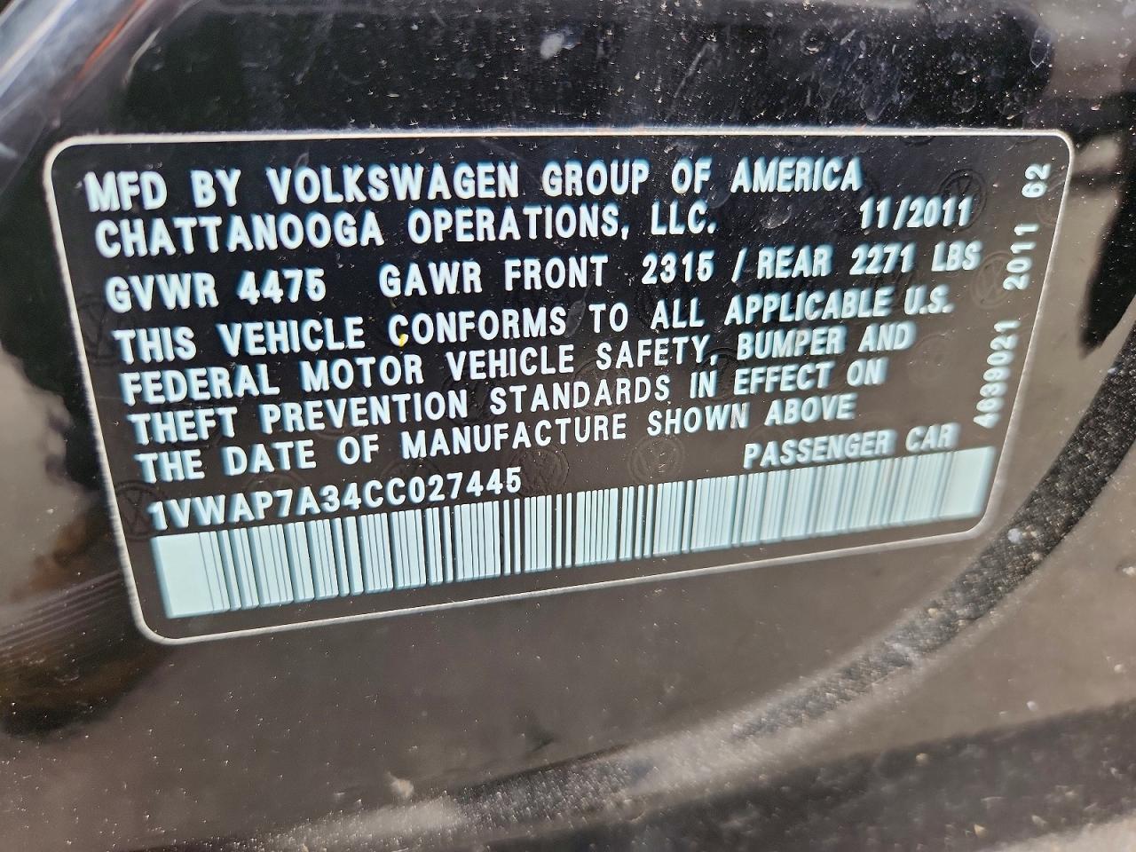 2012 Volkswagen Passat Black vin: 1VWAP7A34CC027445