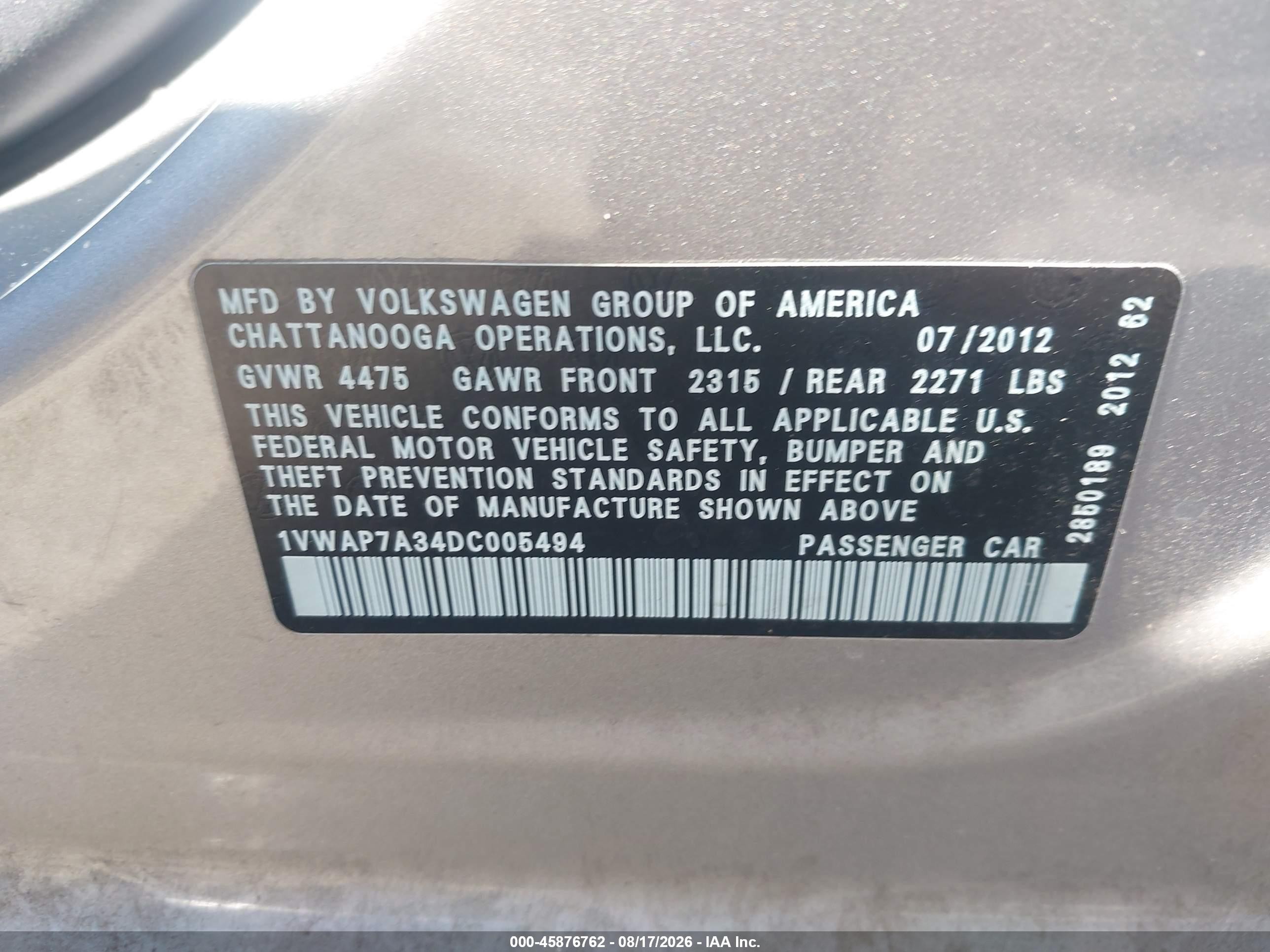 2013 Volkswagen Passat 2.5l S Silver vin: 1VWAP7A34DC005494