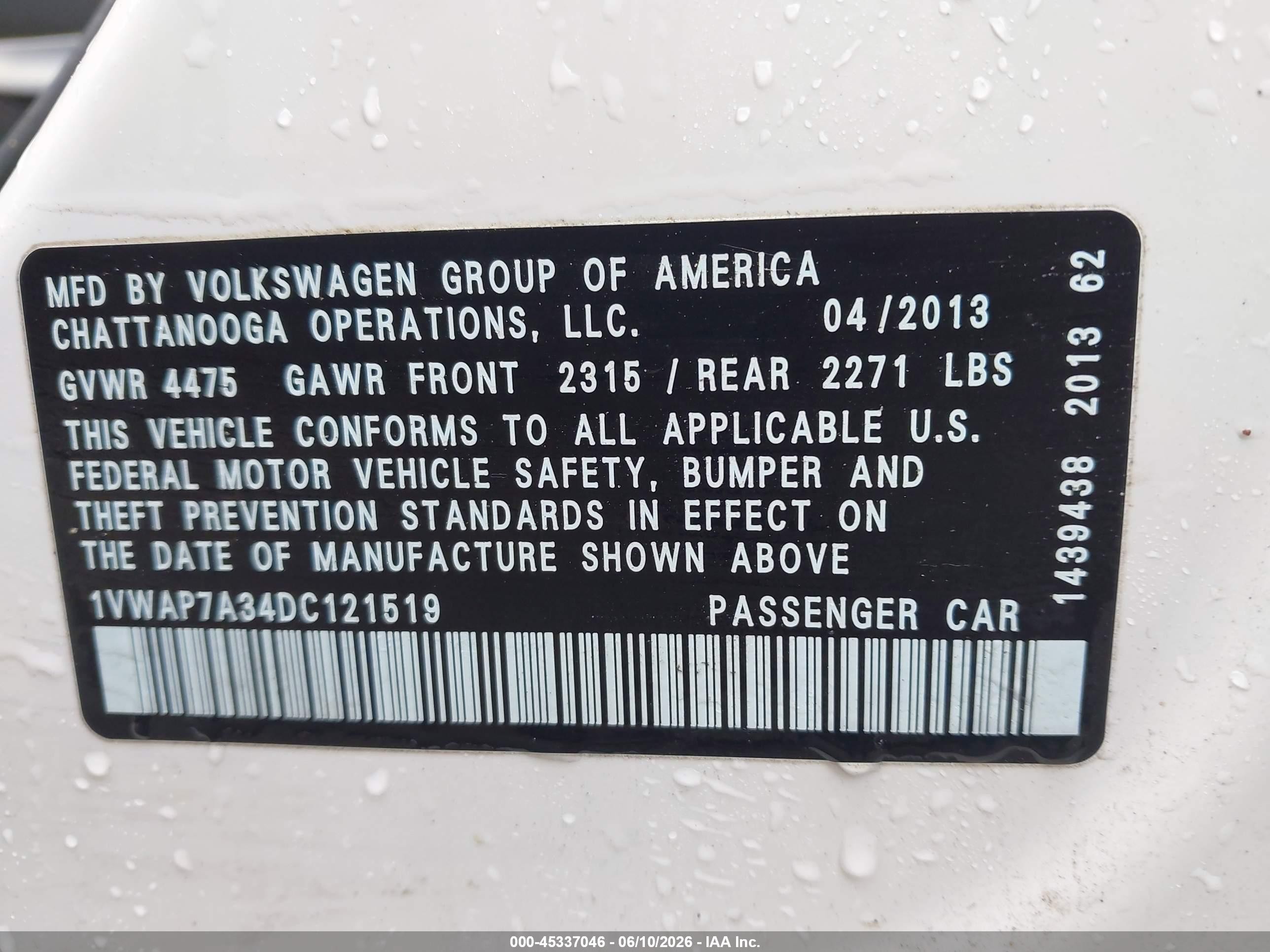 2013 Volkswagen Passat 2.5l S Белый vin: 1VWAP7A34DC121519