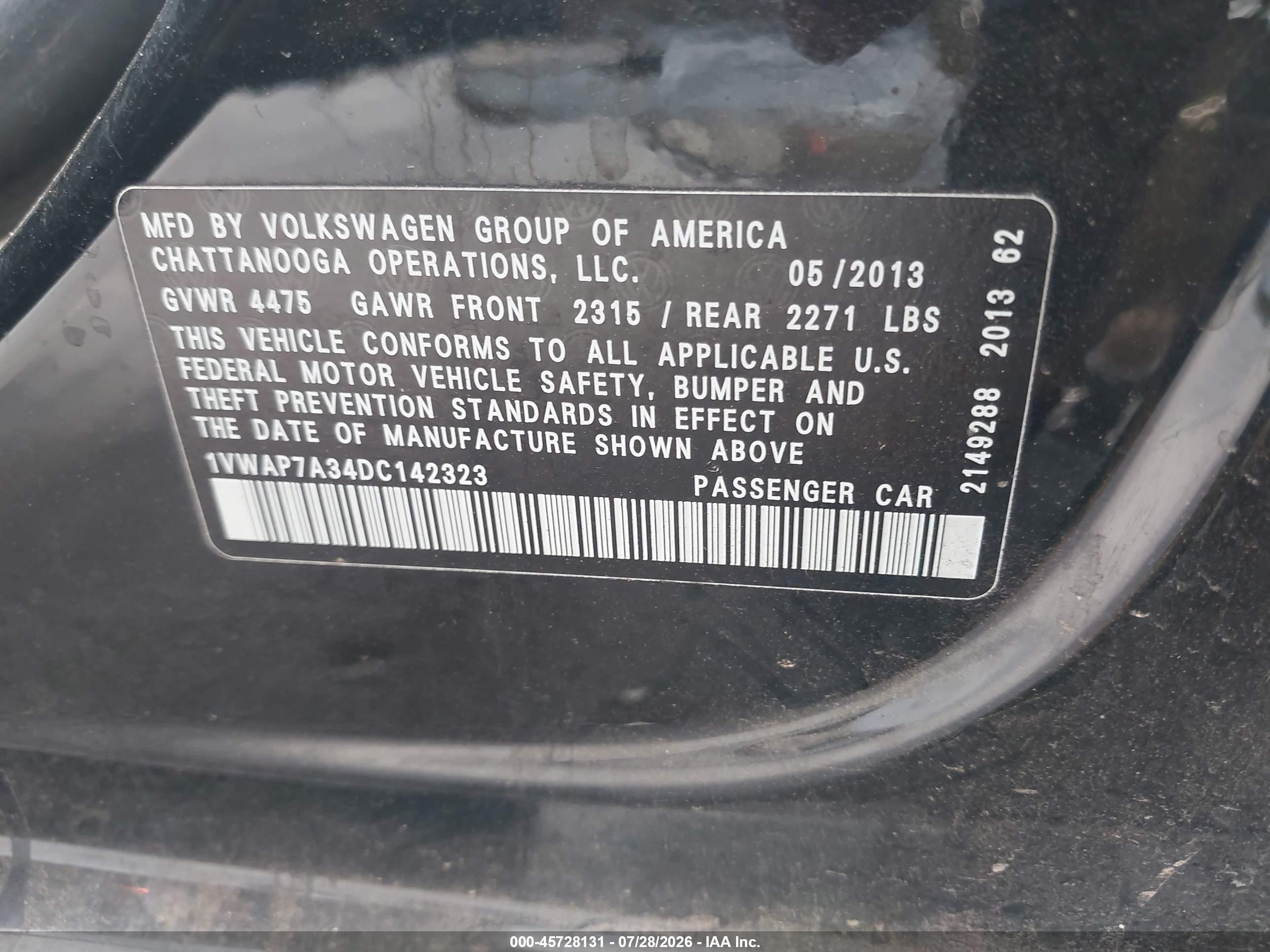 2013 Volkswagen Passat 2.5l Wolfsburg Edition Black vin: 1VWAP7A34DC142323