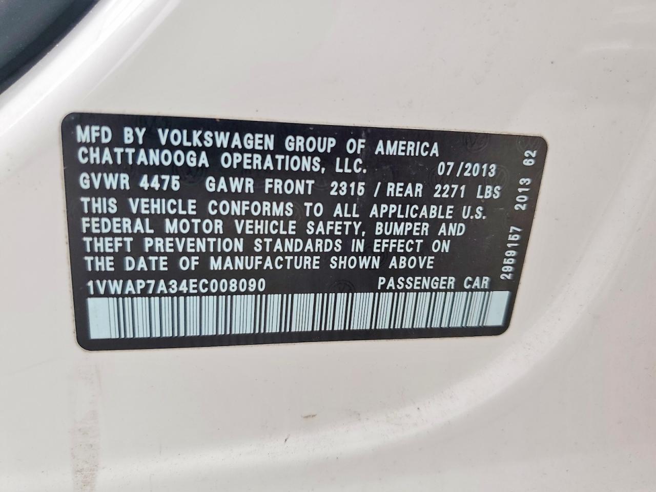 2014 Volkswagen Passat S White vin: 1VWAP7A34EC008090