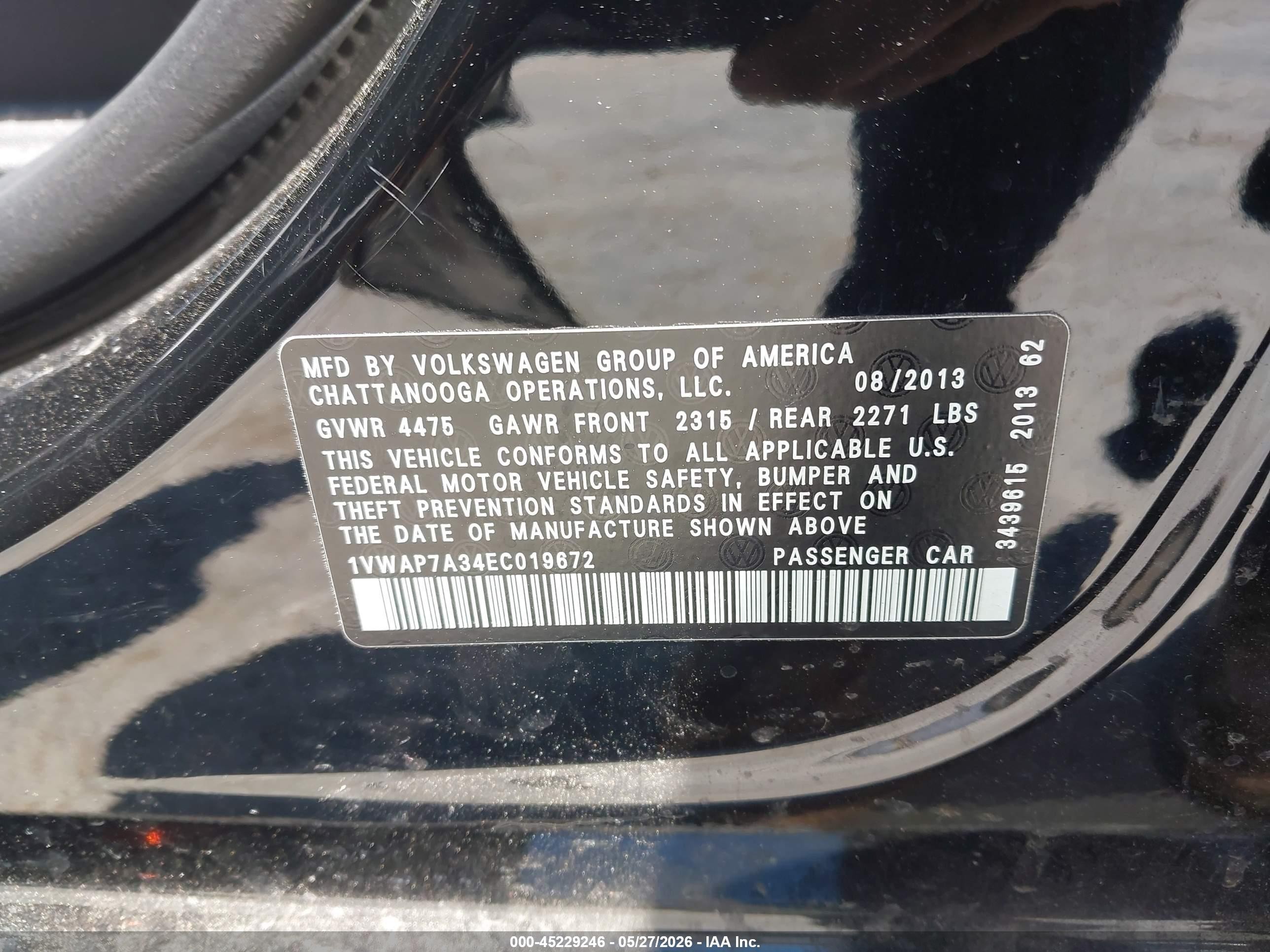 2014 Volkswagen Passat 2.5l S Black vin: 1VWAP7A34EC019672