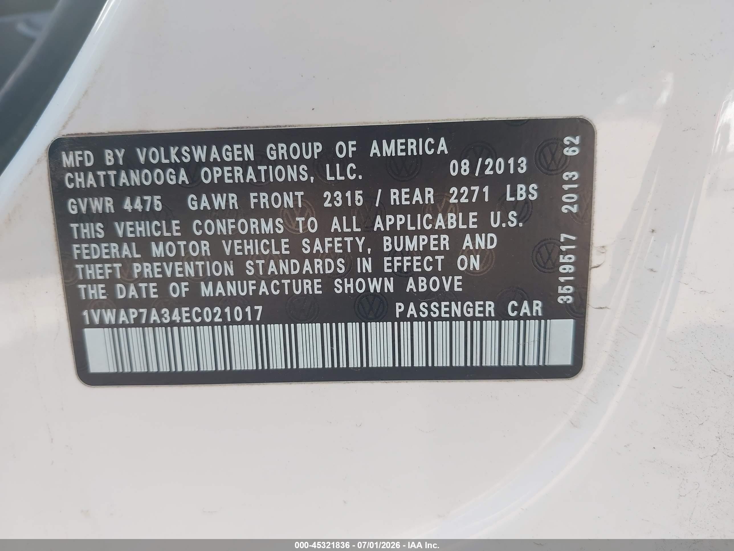 2014 Volkswagen Passat 2.5l S Белый vin: 1VWAP7A34EC021017