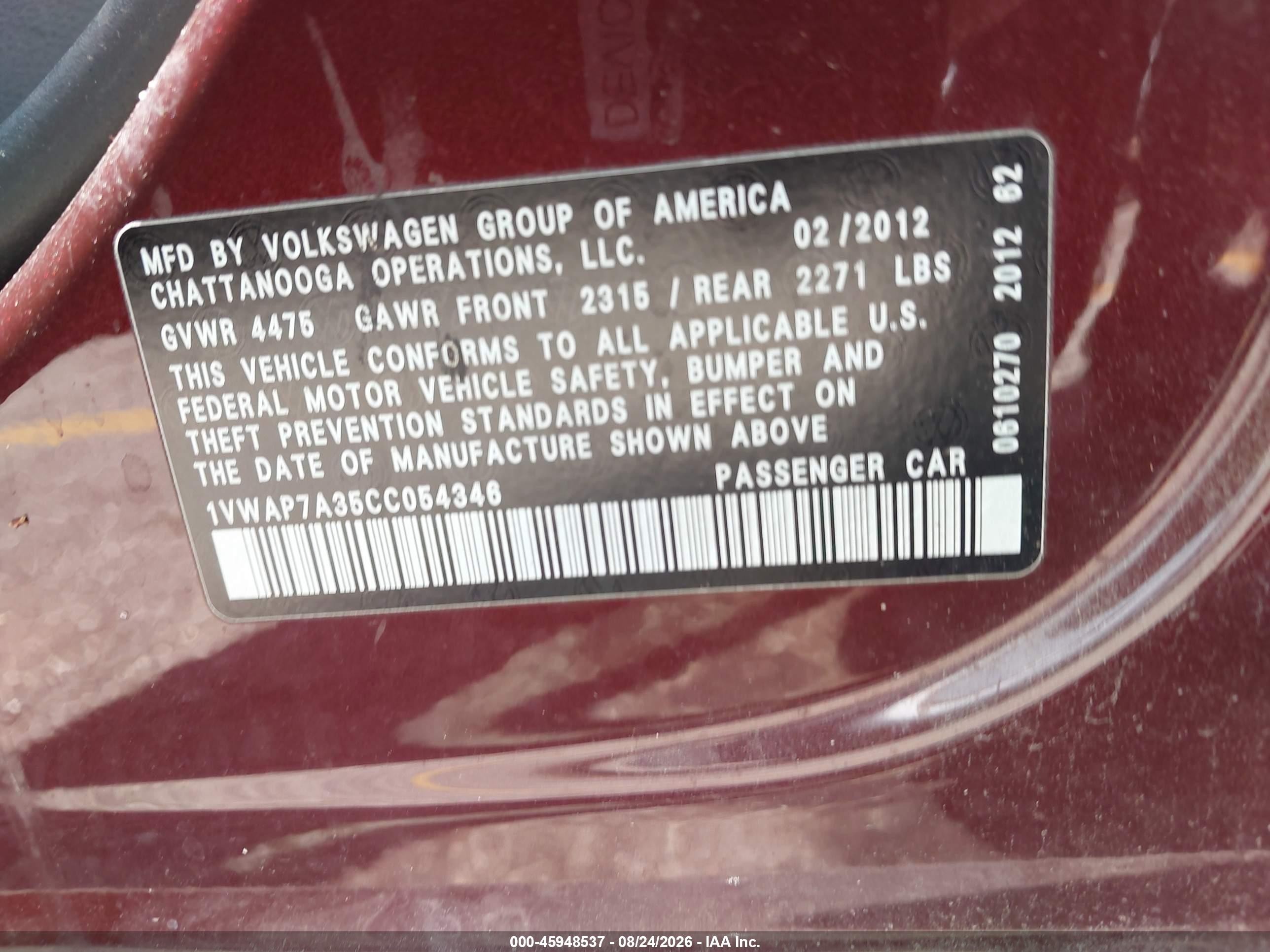 2012 Volkswagen Passat 2.5l S Burgundy vin: 1VWAP7A35CC054346