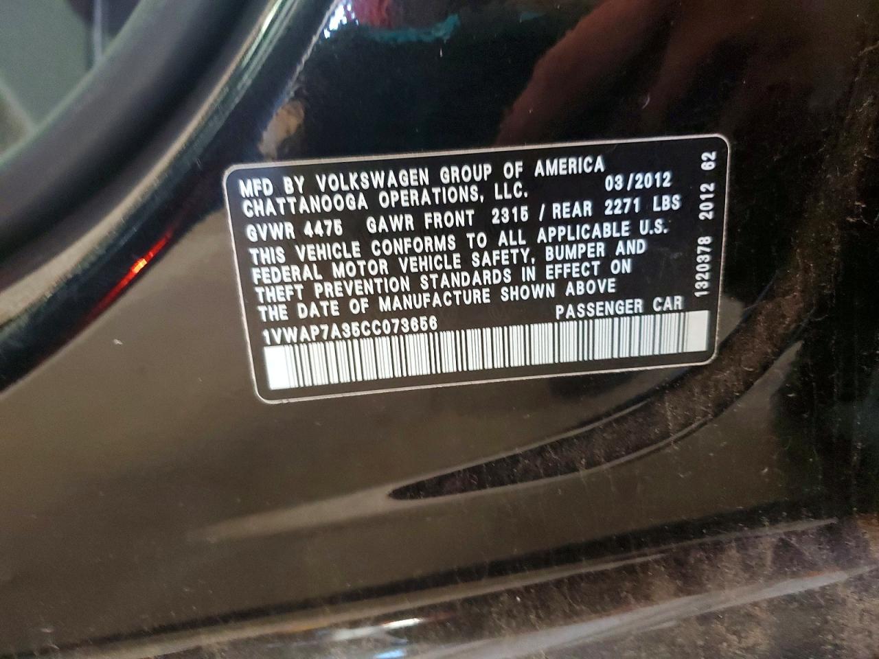 2012 Volkswagen Passat S Black vin: 1VWAP7A35CC073656
