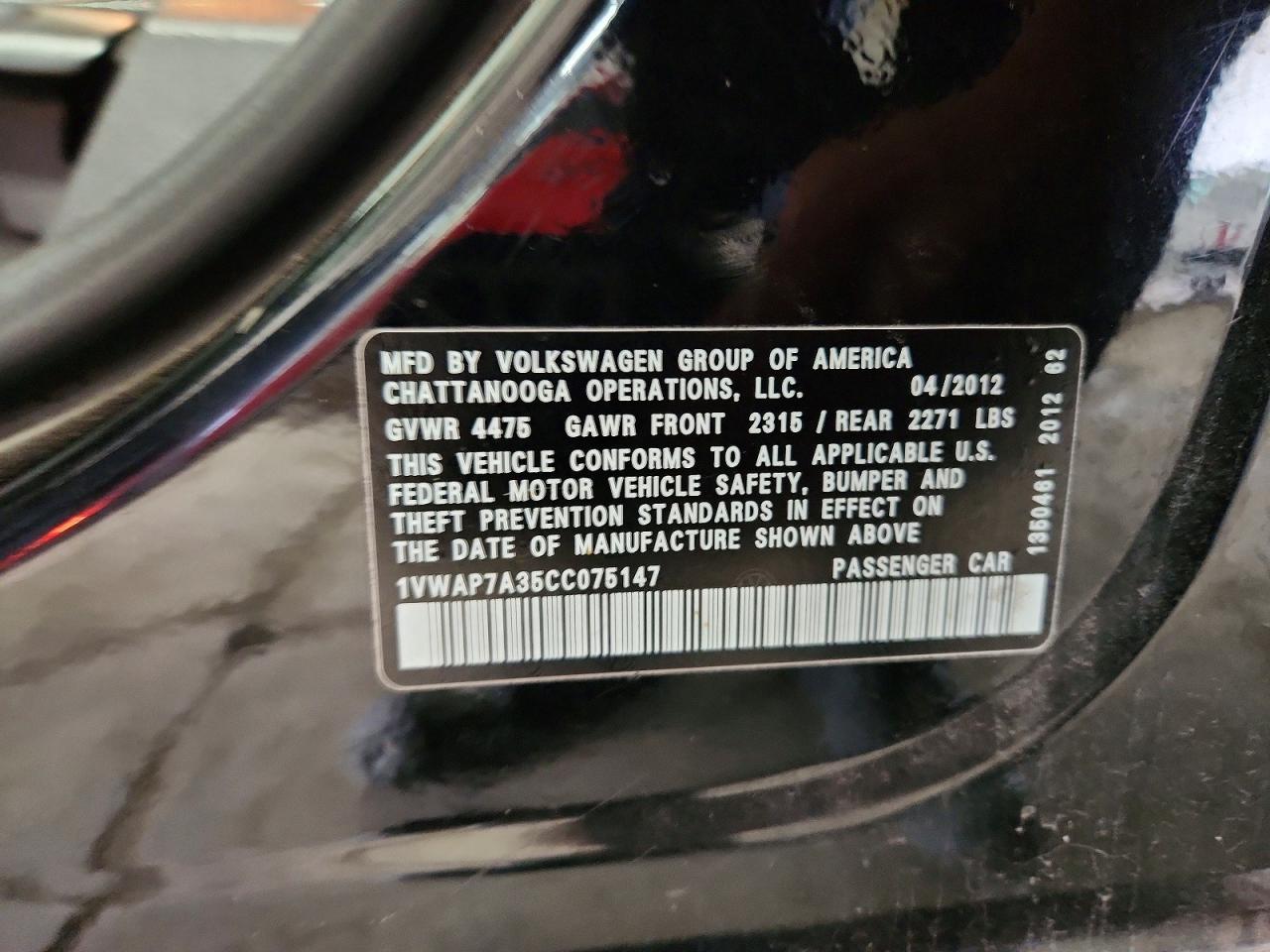 2012 Volkswagen Passat S Black vin: 1VWAP7A35CC075147
