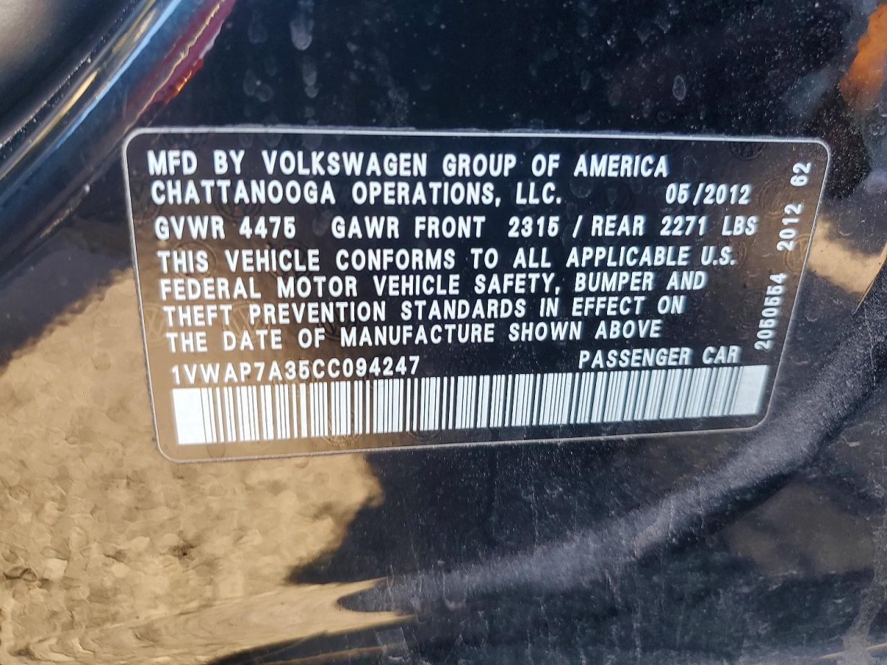 2012 Volkswagen Passat S Black vin: 1VWAP7A35CC094247
