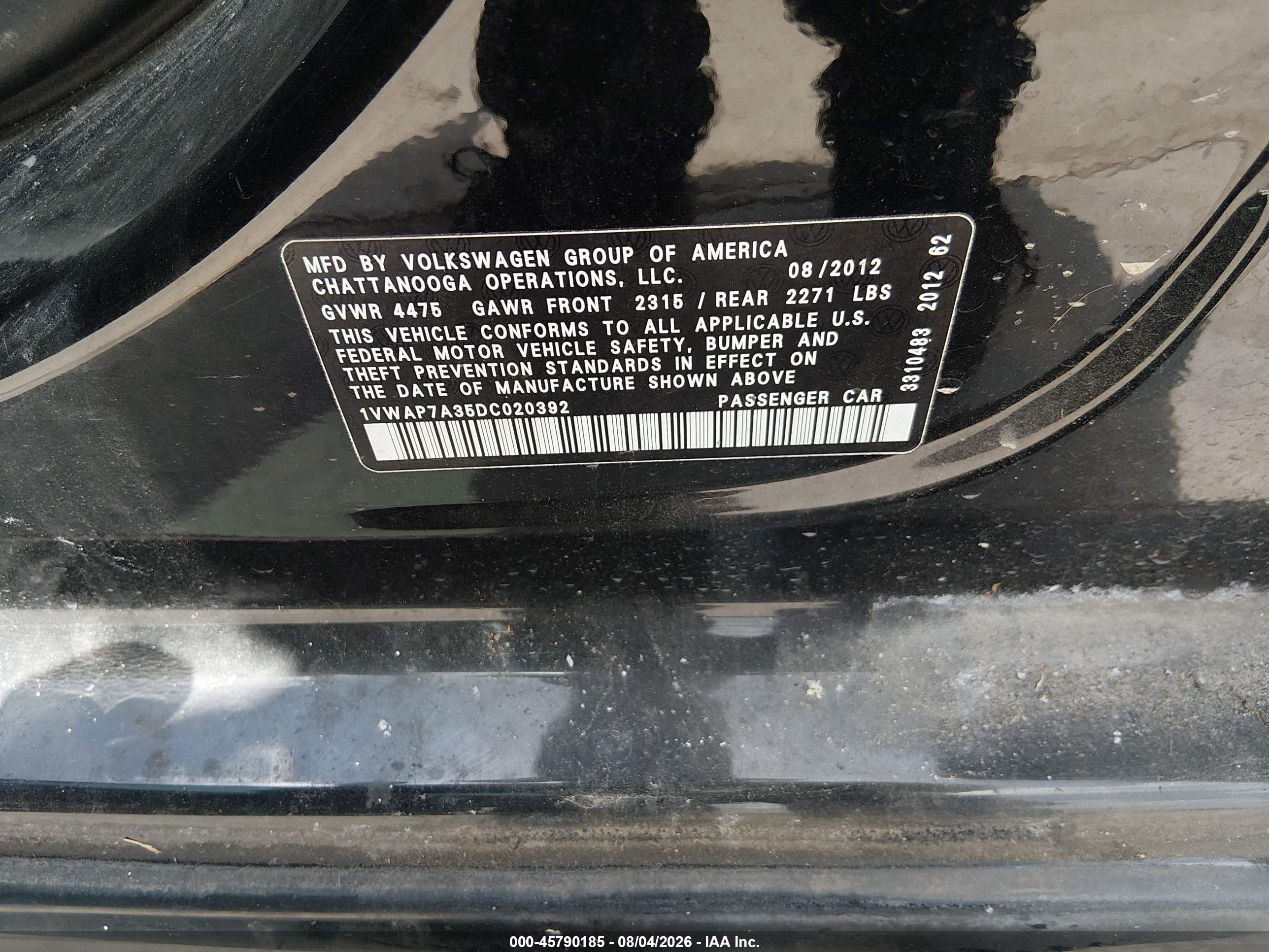 2013 Volkswagen Passat 2.5l S Black vin: 1VWAP7A35DC020392