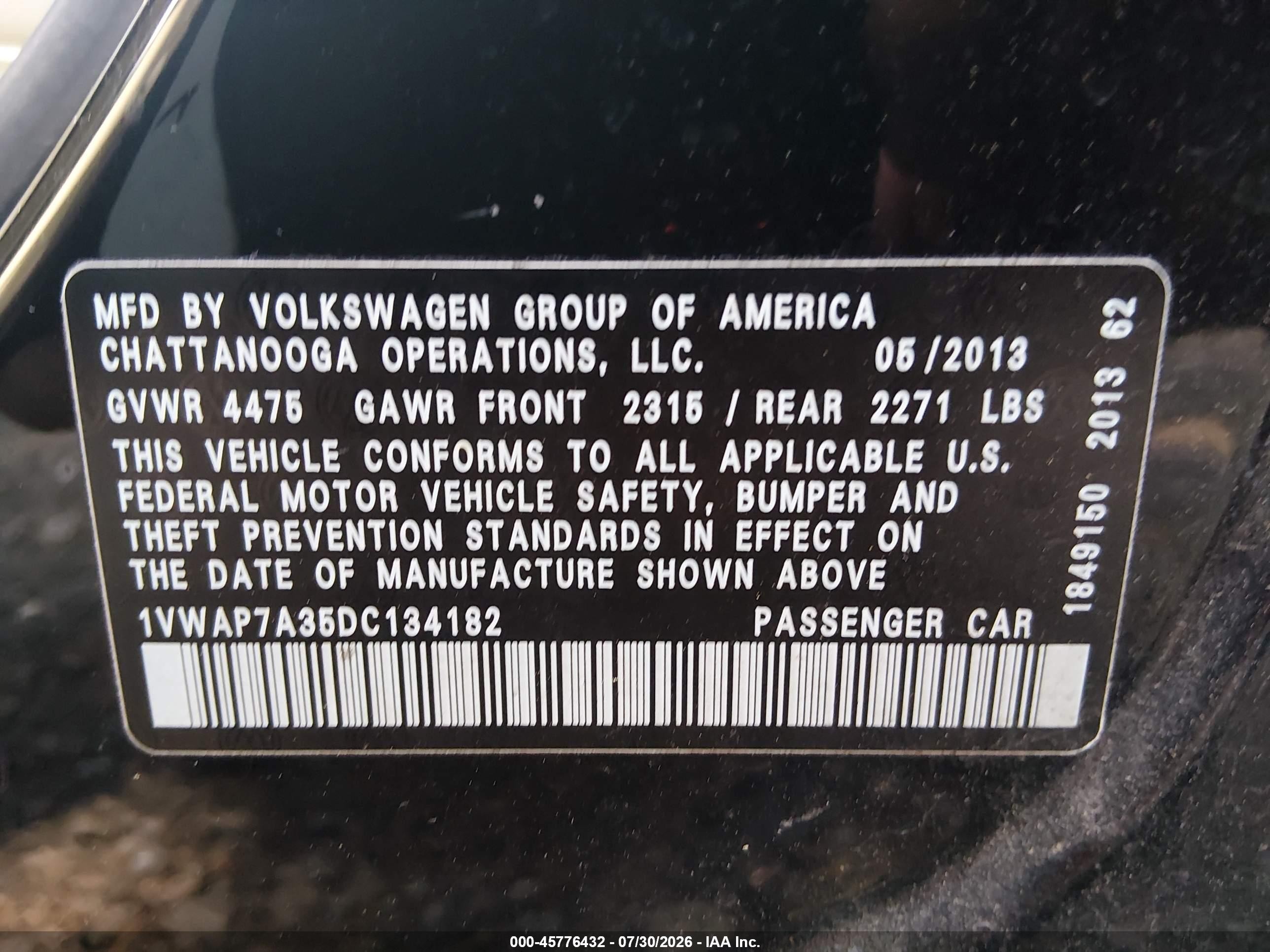 2013 Volkswagen Passat 2.5l Wolfsburg Edition Black vin: 1VWAP7A35DC134182