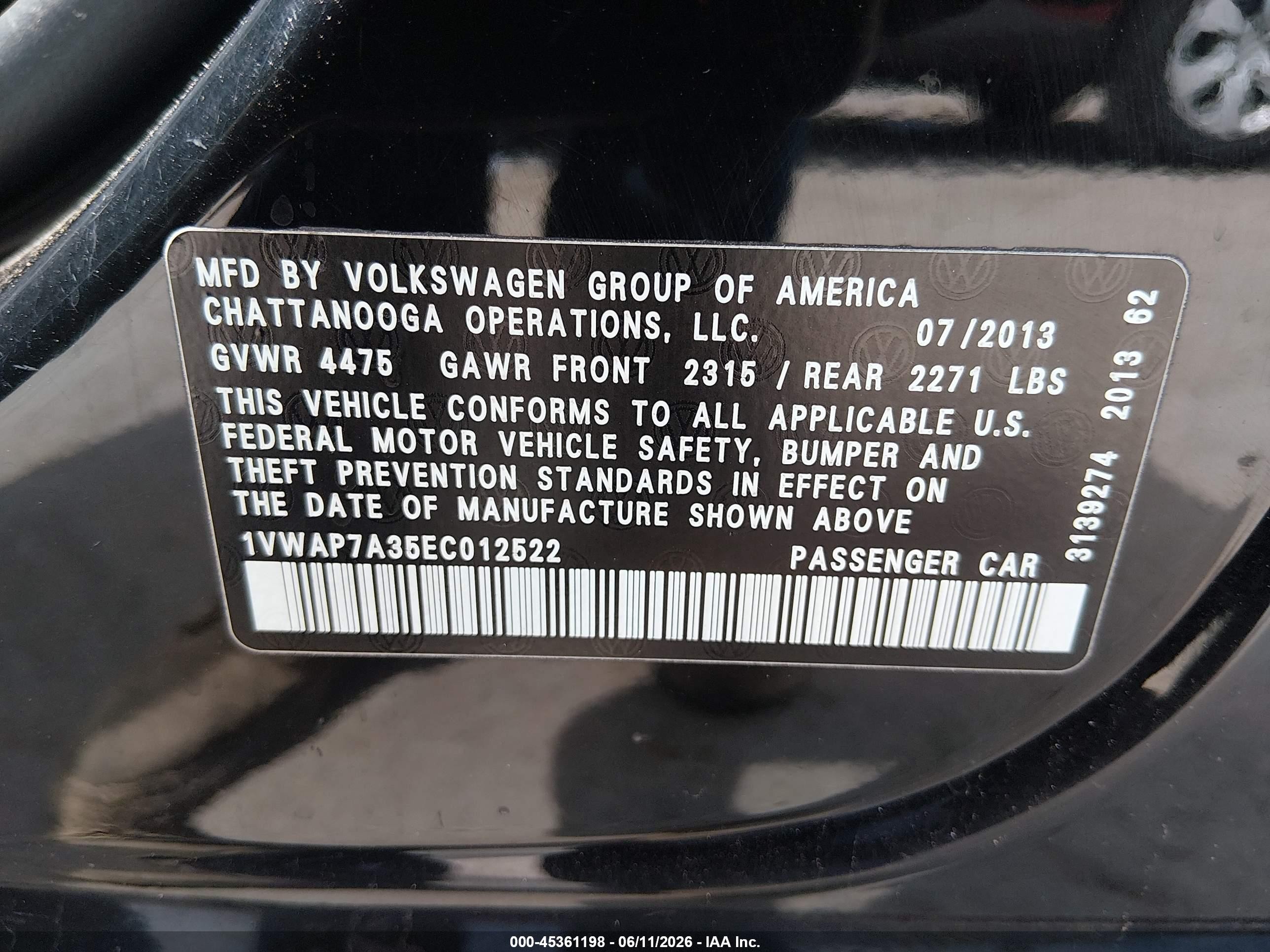 2014 Volkswagen Passat 2.5l Wolfsburg Edition Black vin: 1VWAP7A35EC012522