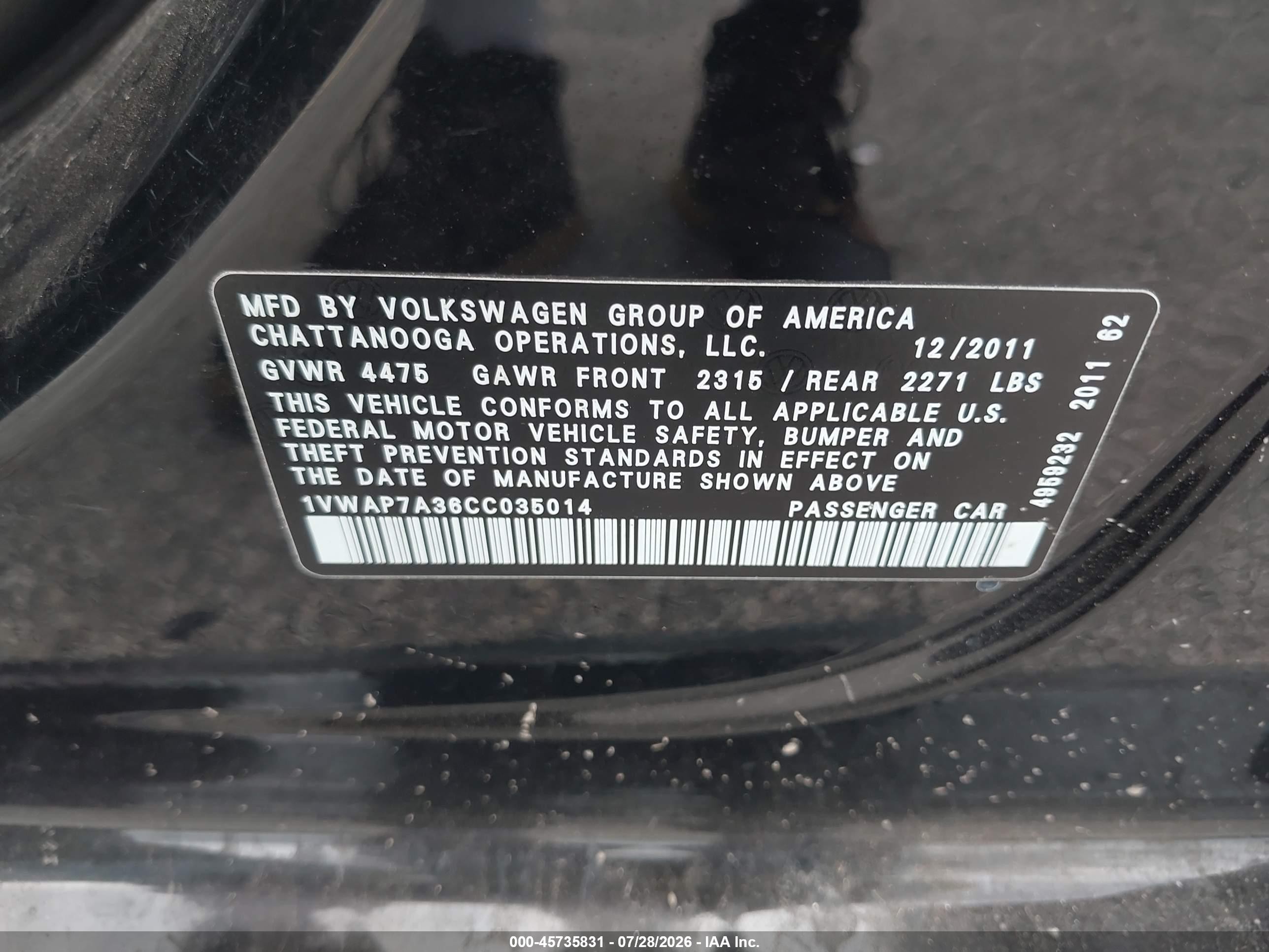 2012 Volkswagen Passat 2.5l S Black vin: 1VWAP7A36CC035014