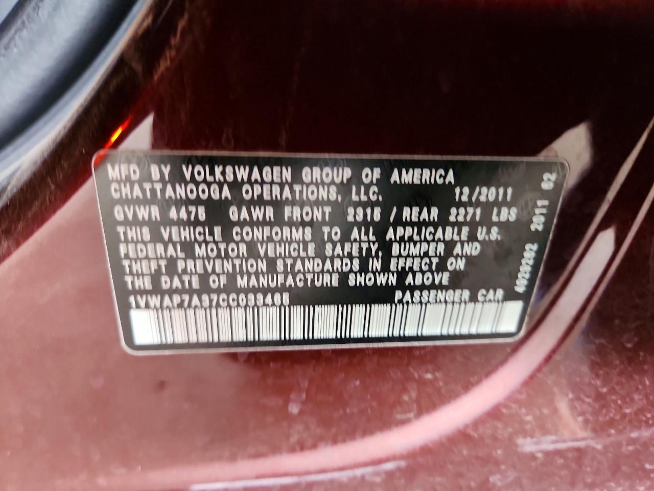 2012 Volkswagen Passat S Burgundy vin: 1VWAP7A37CC033465