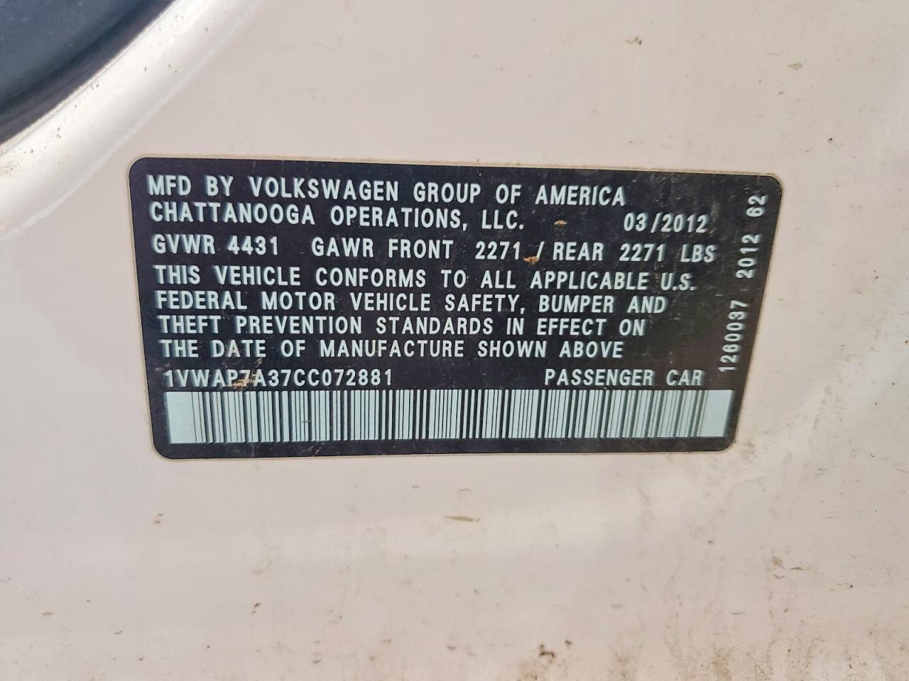 2012 Volkswagen Passat S White vin: 1VWAP7A37CC072881