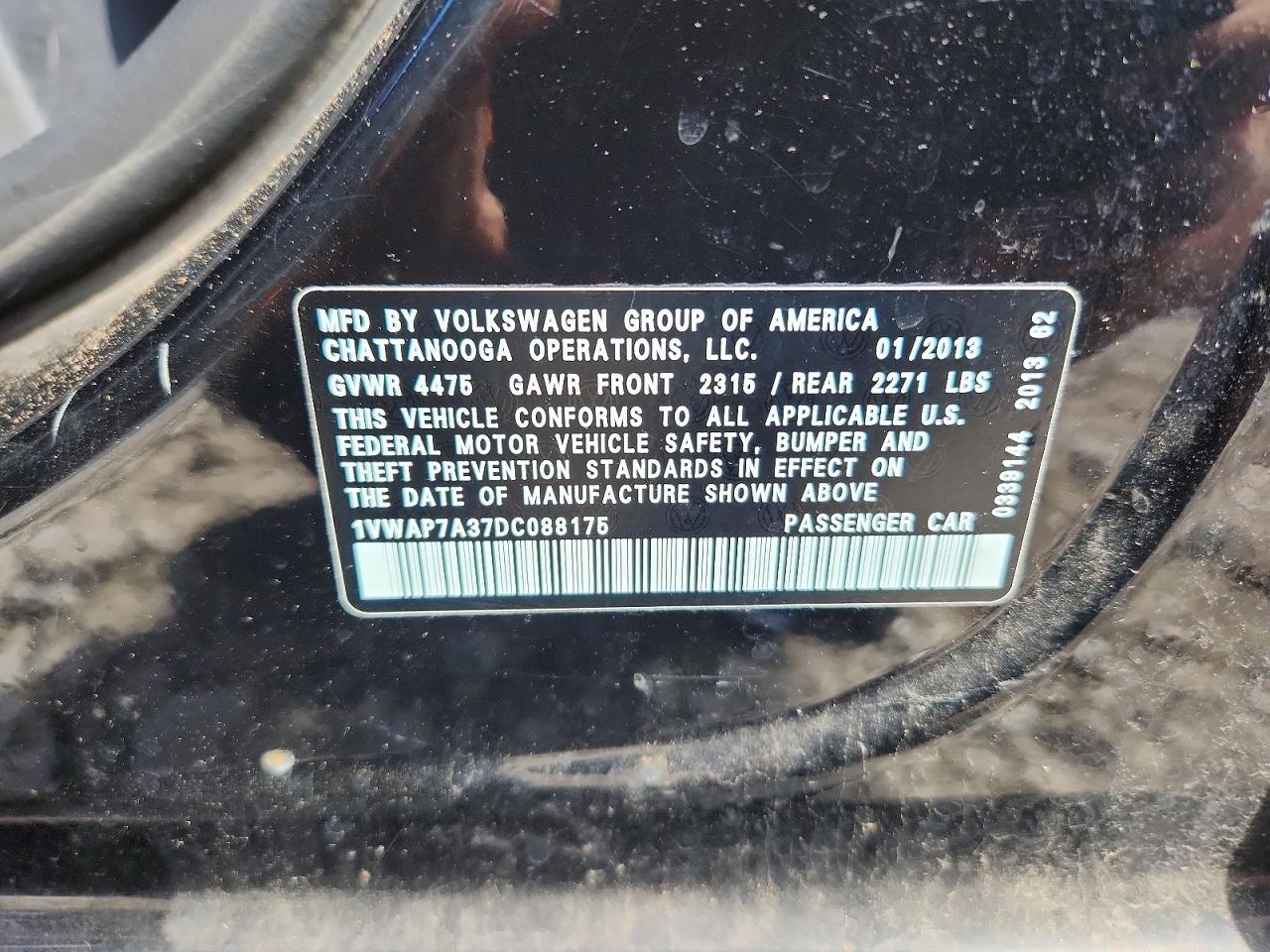 2013 Volkswagen Passat S Black vin: 1VWAP7A37DC088175