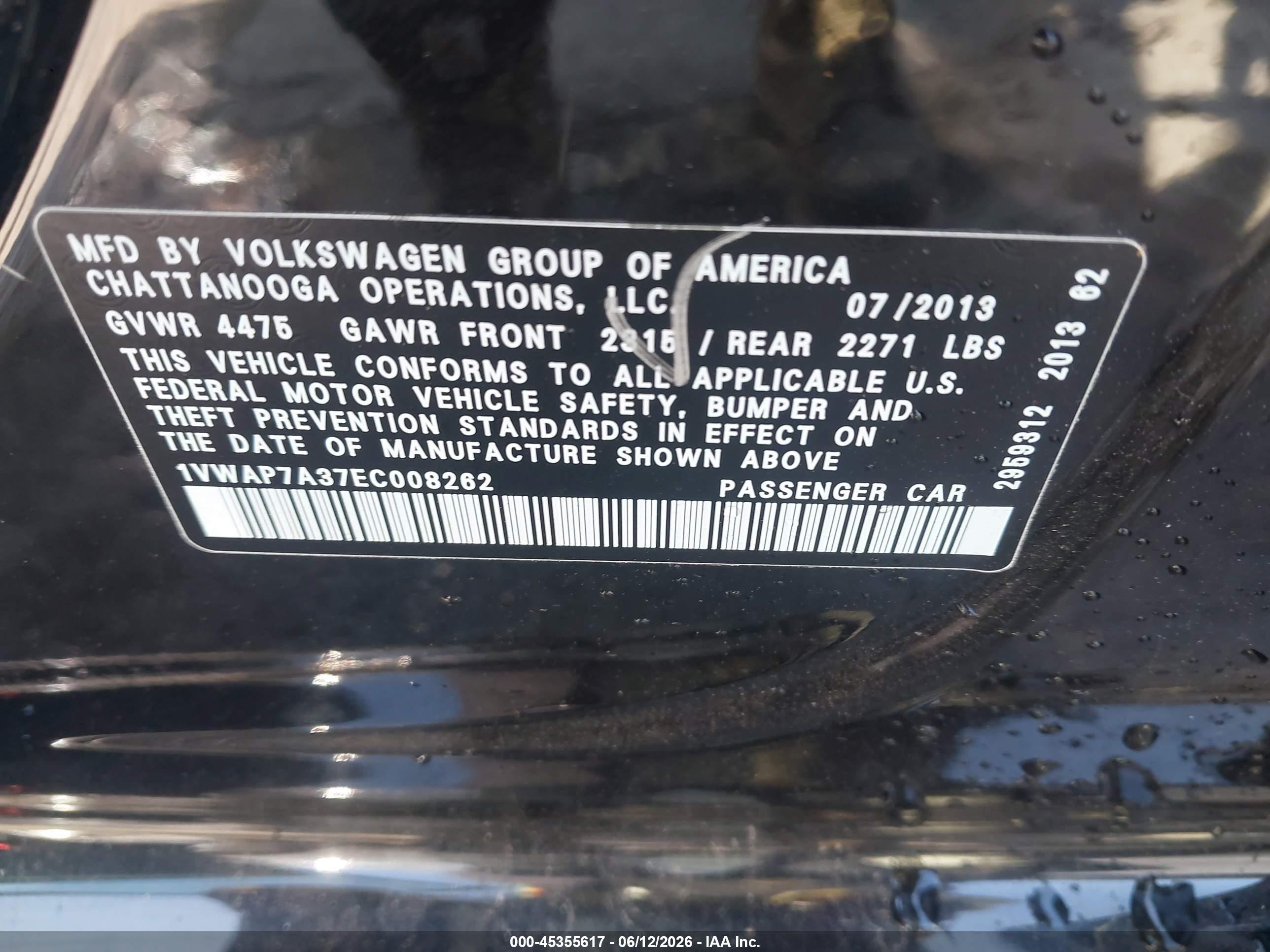 2014 Volkswagen Passat 2.5l Wolfsburg Edition Black vin: 1VWAP7A37EC008262
